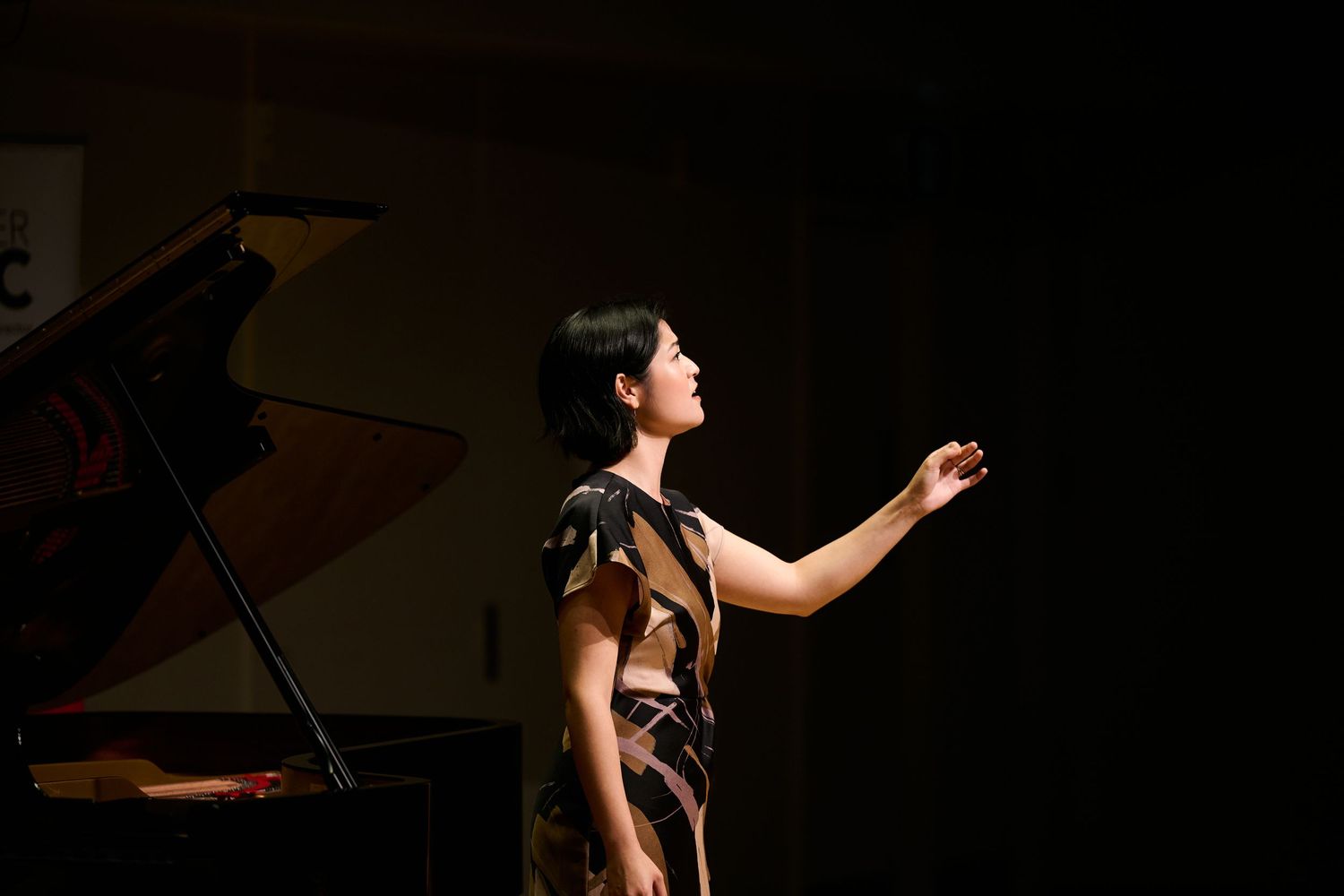 A woman in an elegant dress performs on stage beside a grand piano in a dimly lit concert hall.