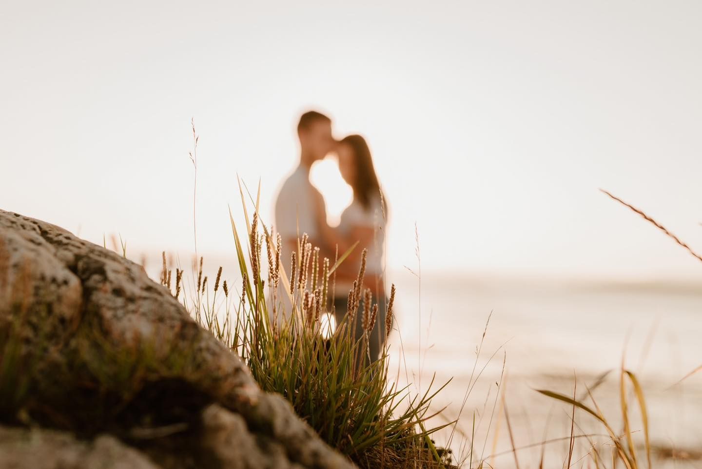 Silhouette of couple embracing on rocky shore at sunset with tall grass.