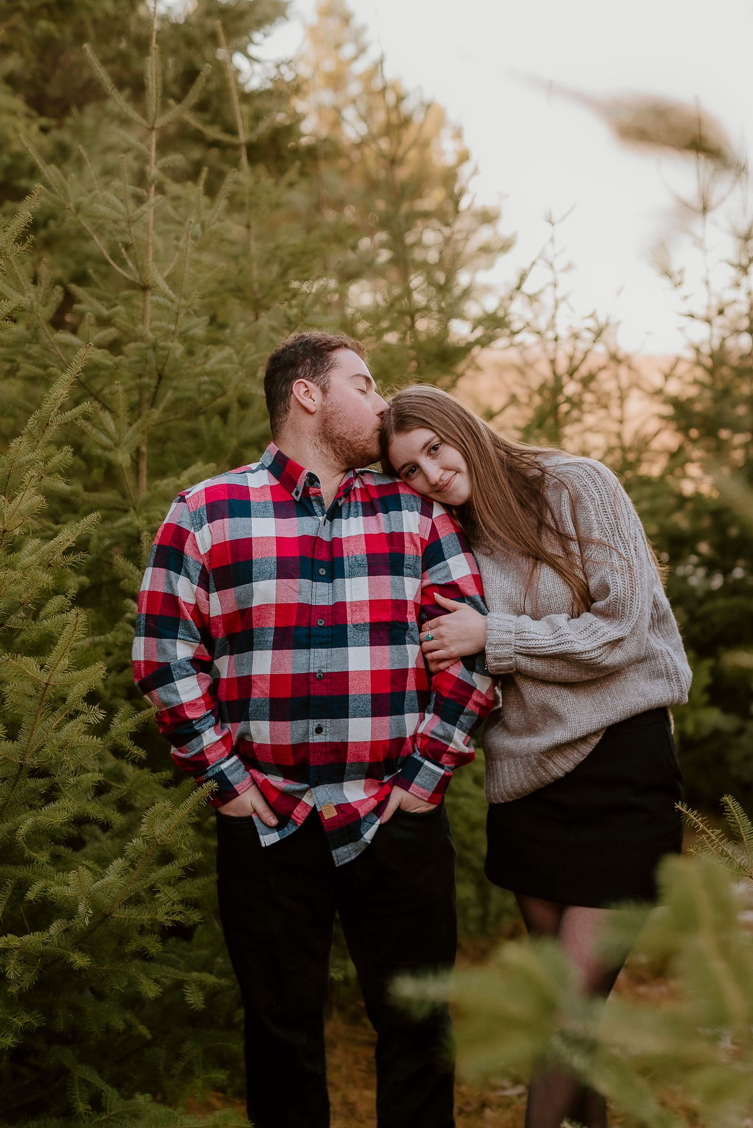 Couple embracing at a Christmas tree farm, man in plaid shirt kissing woman's cheek among evergreen trees.