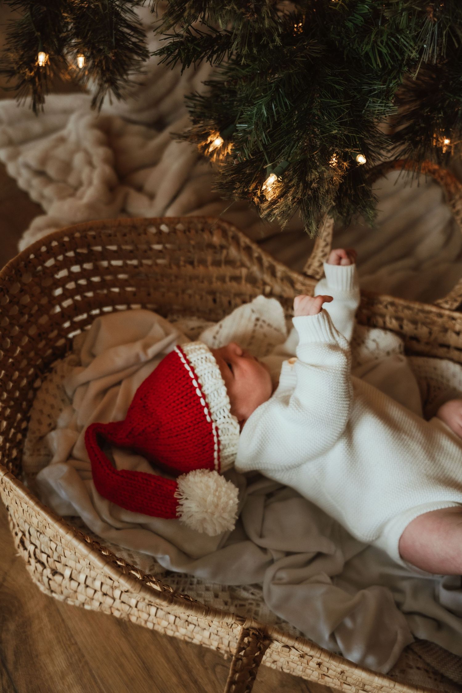 Baby in red and white holiday outfit sleeping peacefully in woven basket under Christmas tree lights.