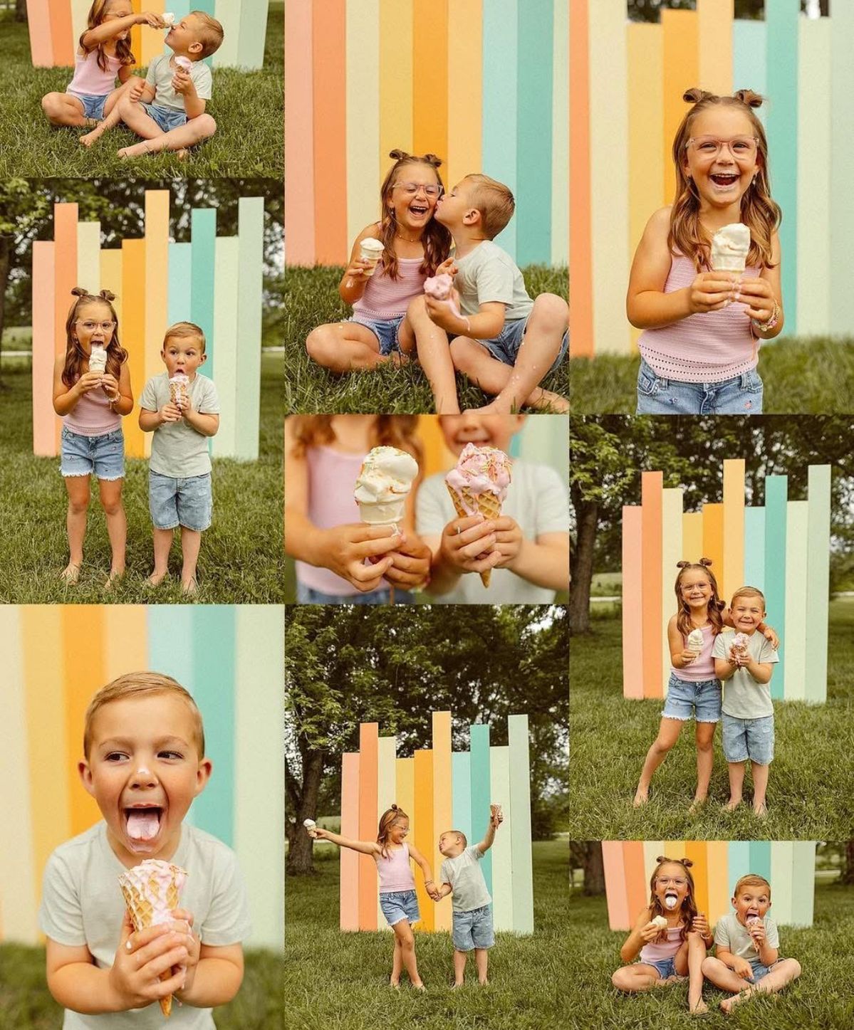 Colorful striped backdrop frames candid family moments in outdoor photo collage.