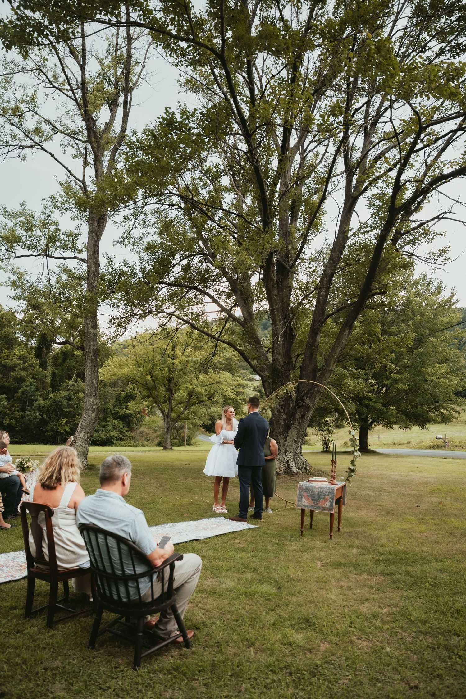 Outdoor wedding reception setup in a grassy park with scattered seating under mature trees.