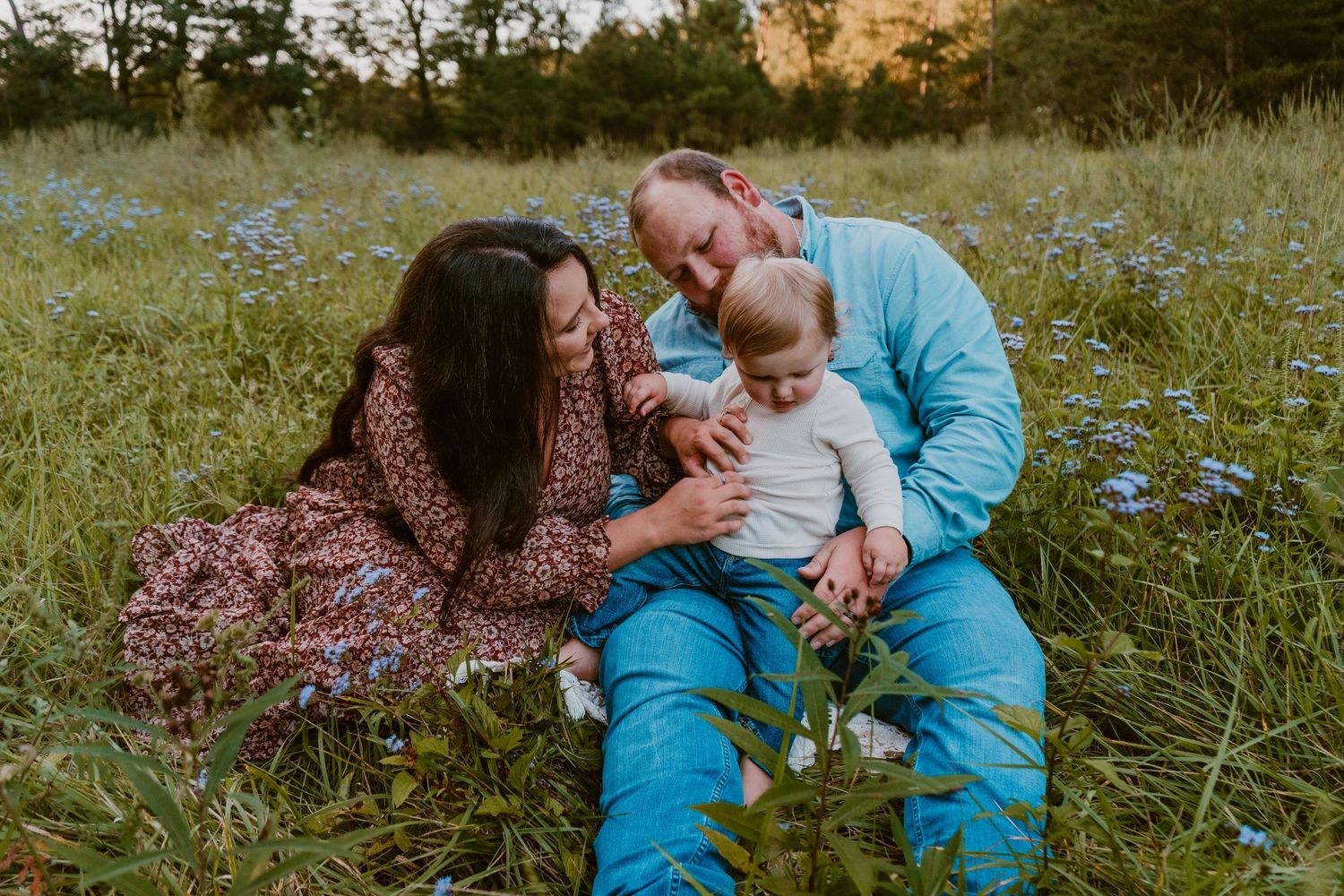 Sweet family interactions in a wildflower field at sunset.