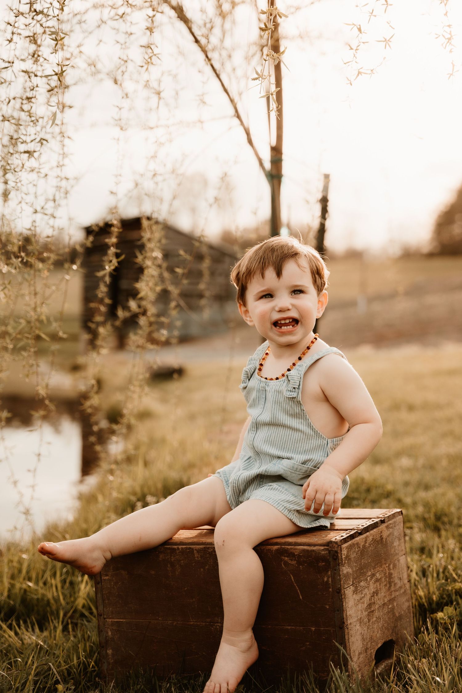 Joyful outdoor portrait session featuring a vintage wooden chest in a natural field setting.