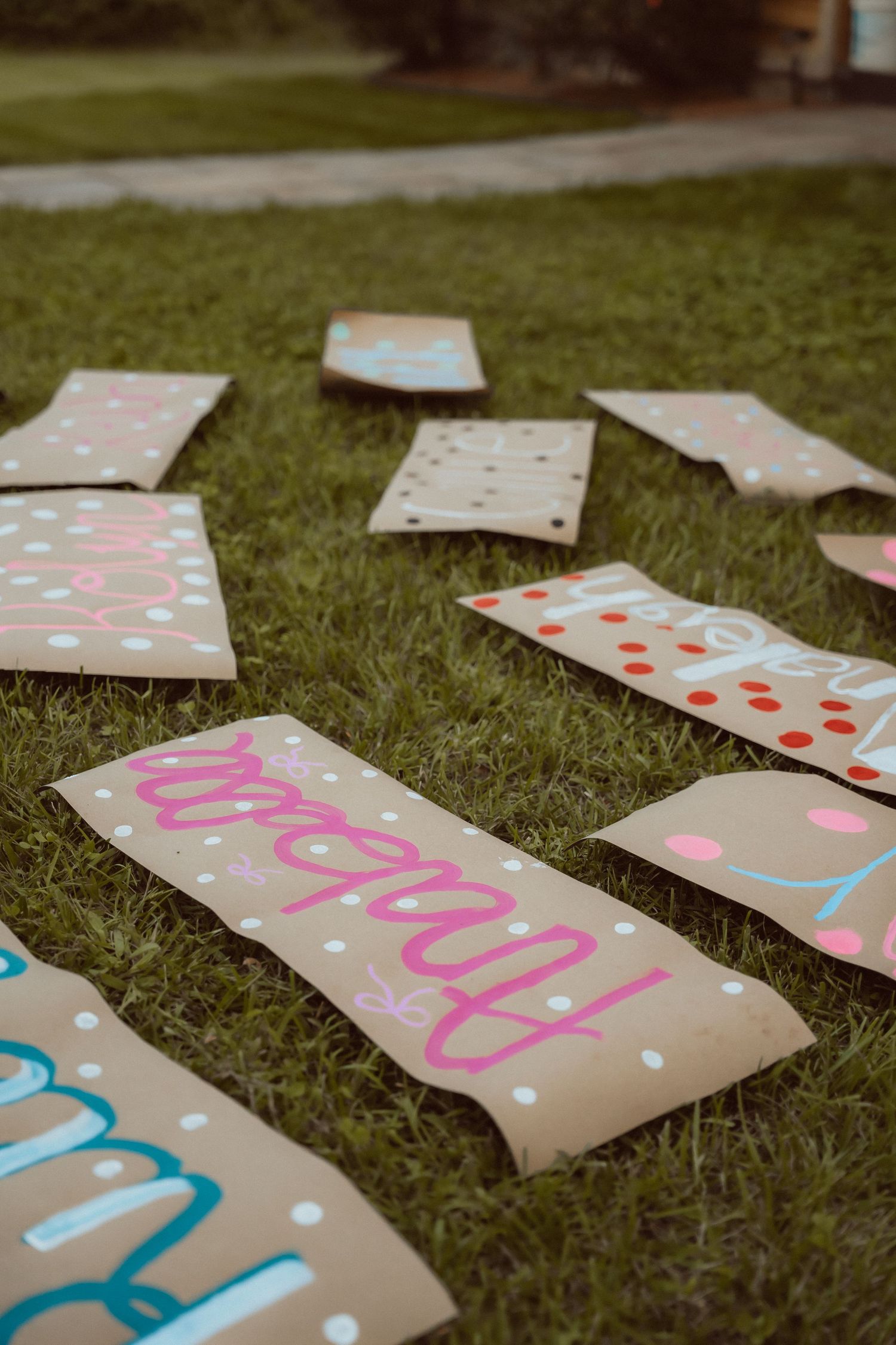 Handmade cardboard signs with colorful polka dots and cursive text laid out on green grass outdoors.