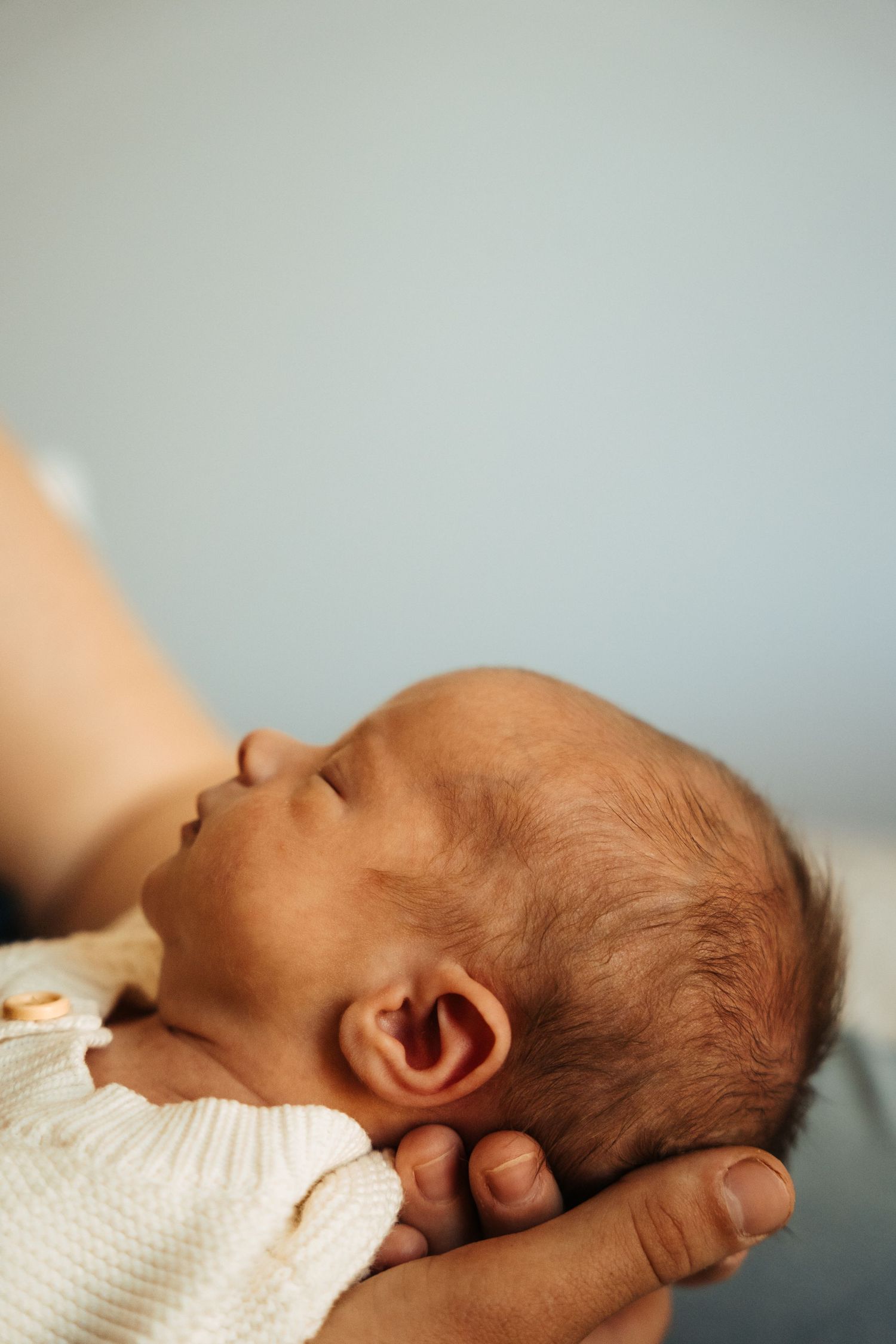 Close-up portrait of sleeping newborn baby in soft natural lighting.