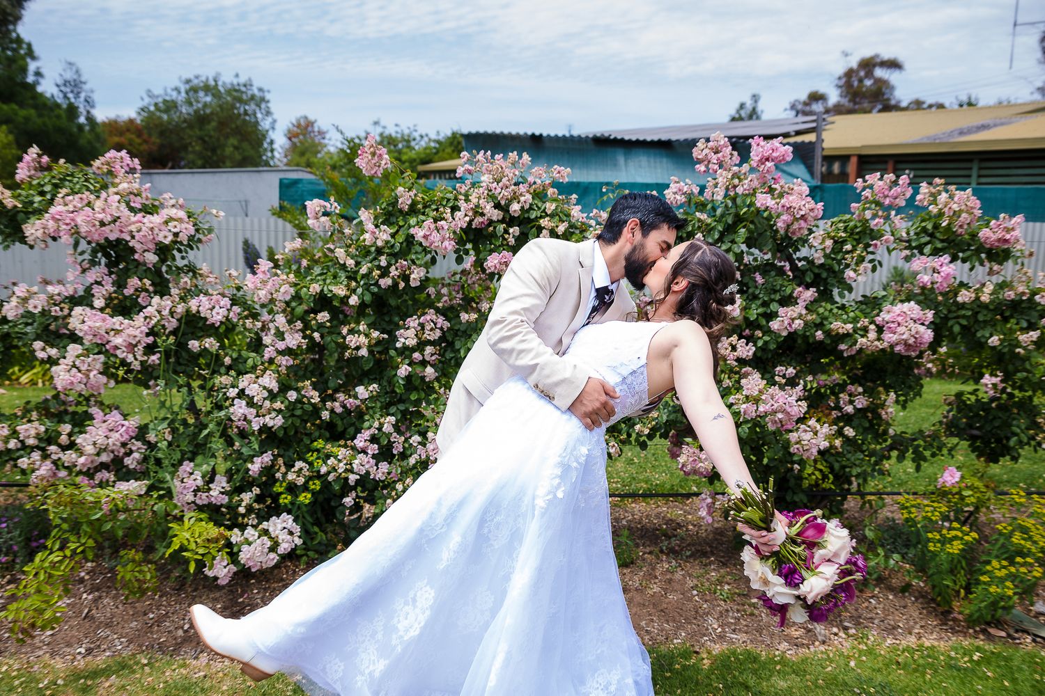 A romantic embrace near blooming pink roses in a garden.