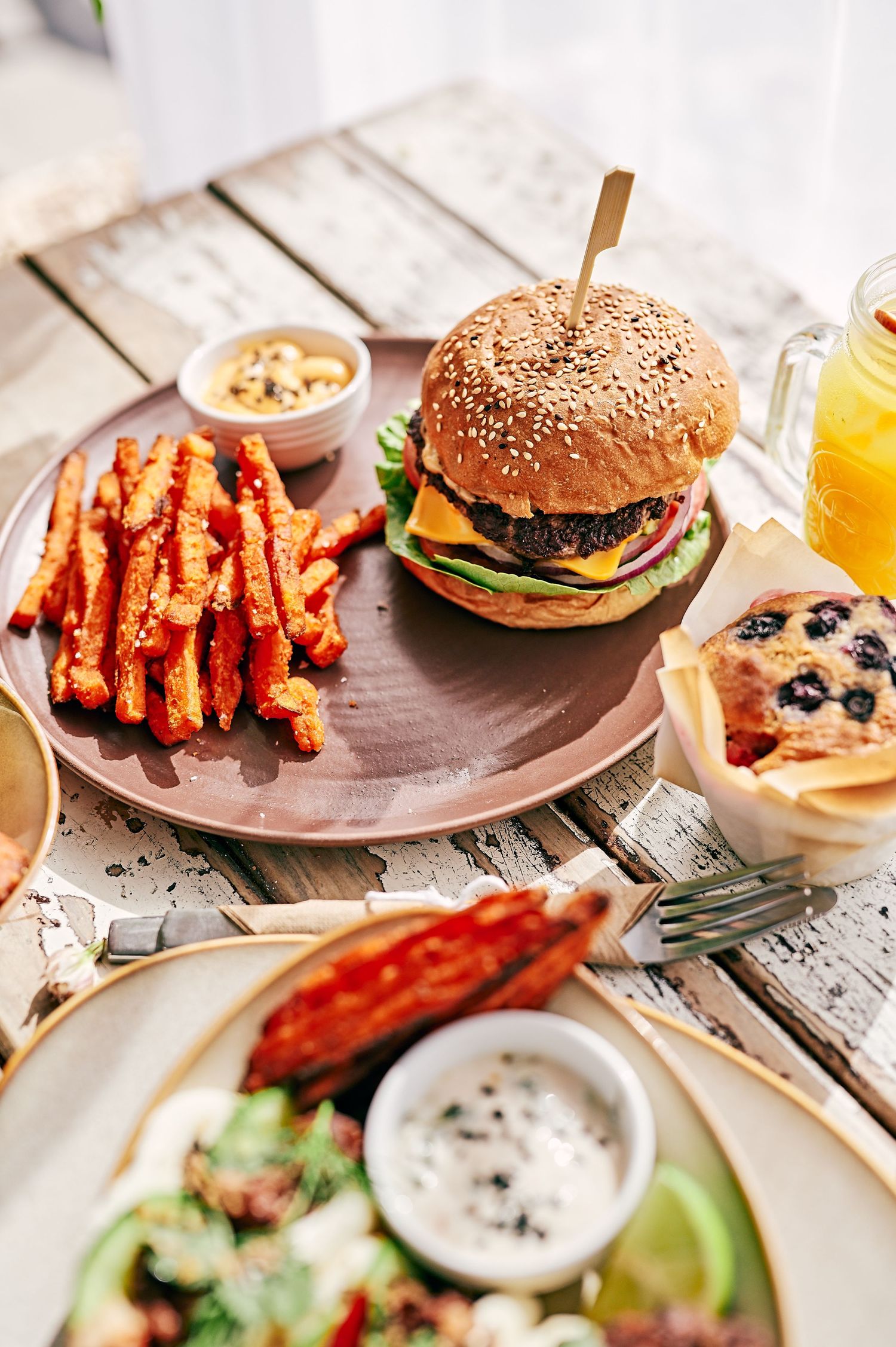 yummy burger on a  table in a cafe