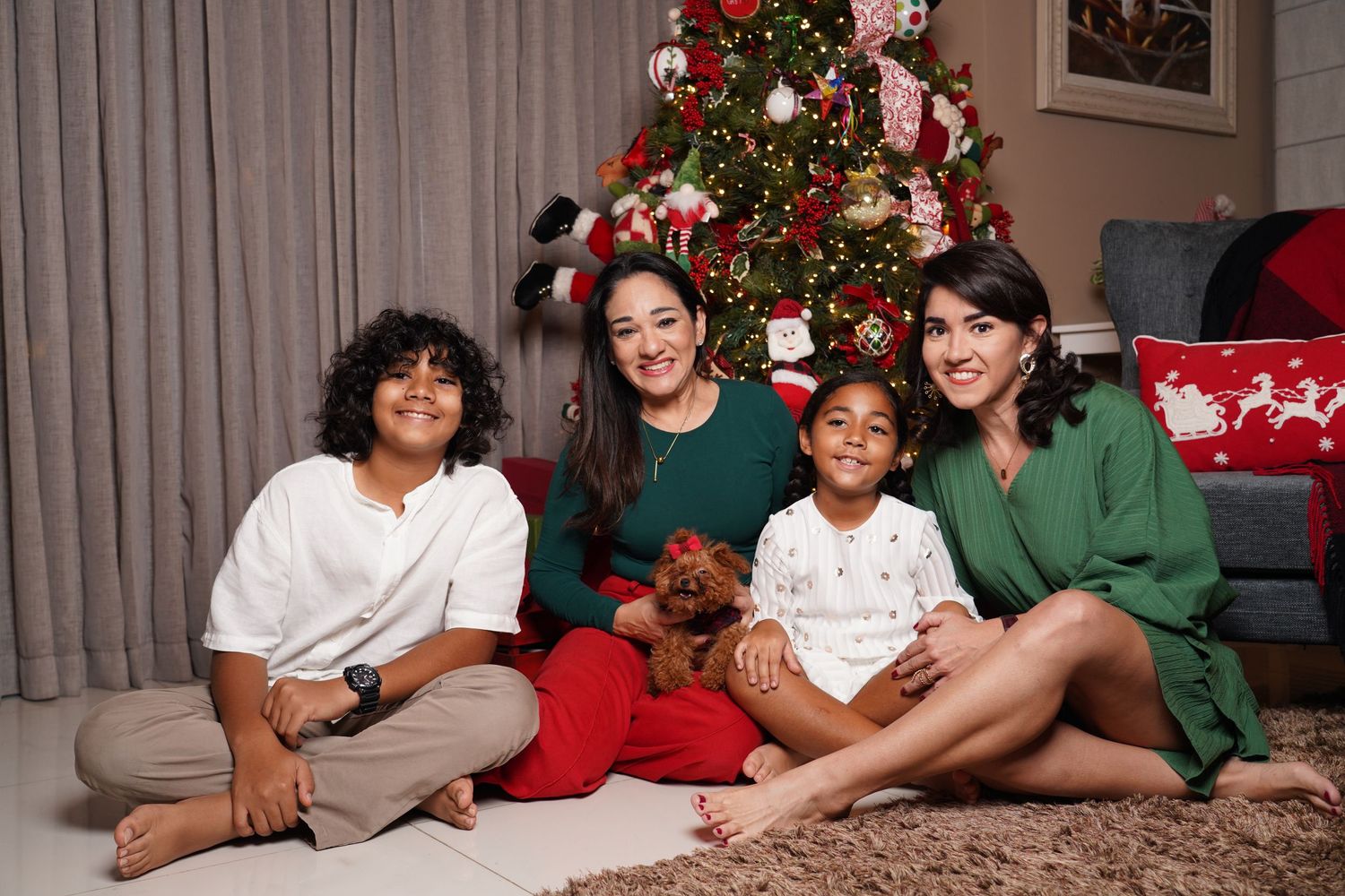 Fotografía profesional , set navideño. fotografía familiar con mascotas