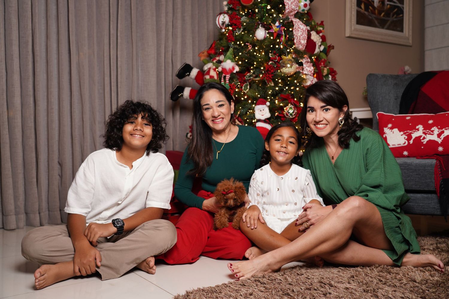 Fotografía profesional , set navideño. fotografía familiar con mascotas