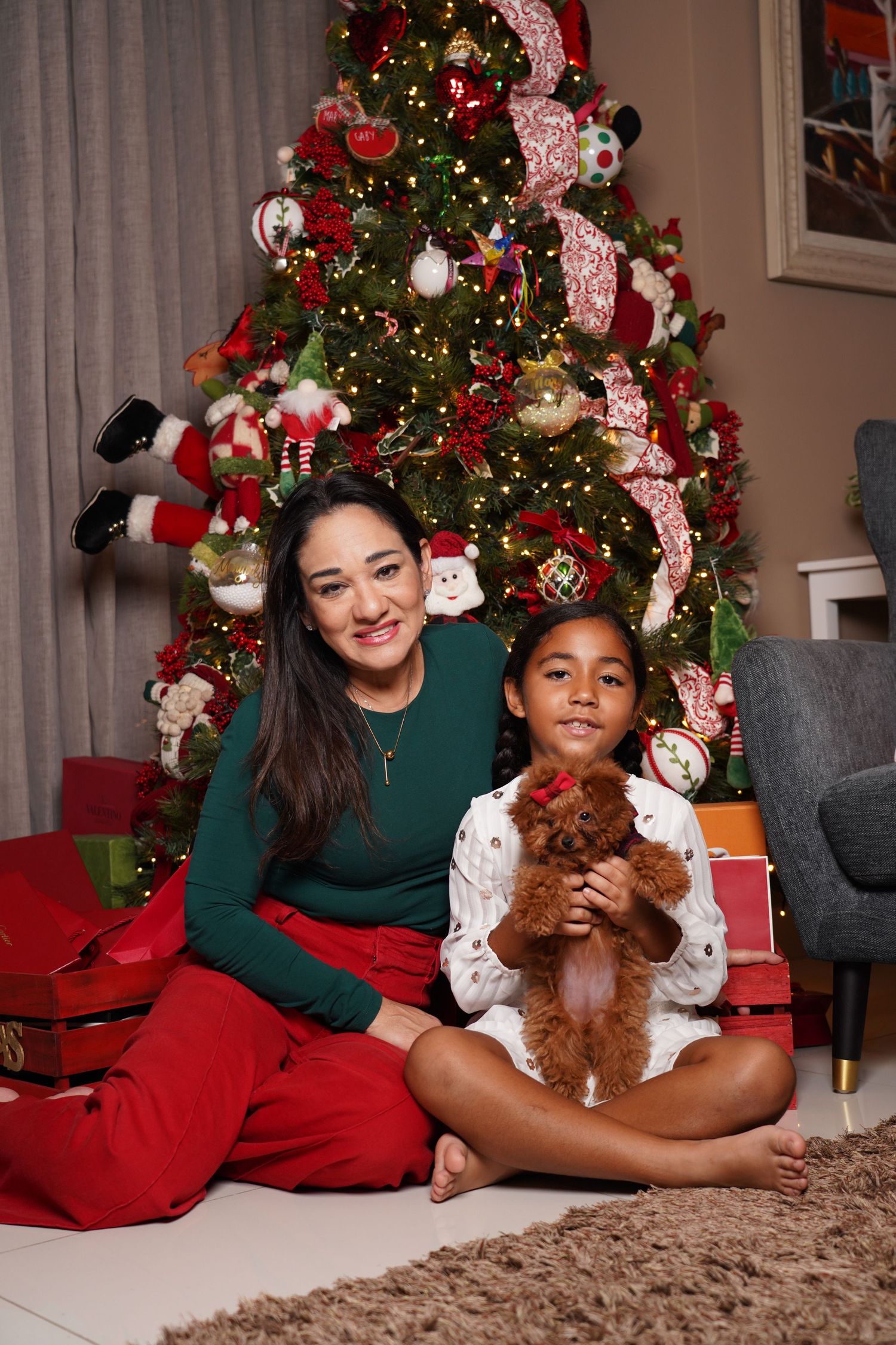 Fotografía profesional , set navideño. fotografía familiar con mascotas