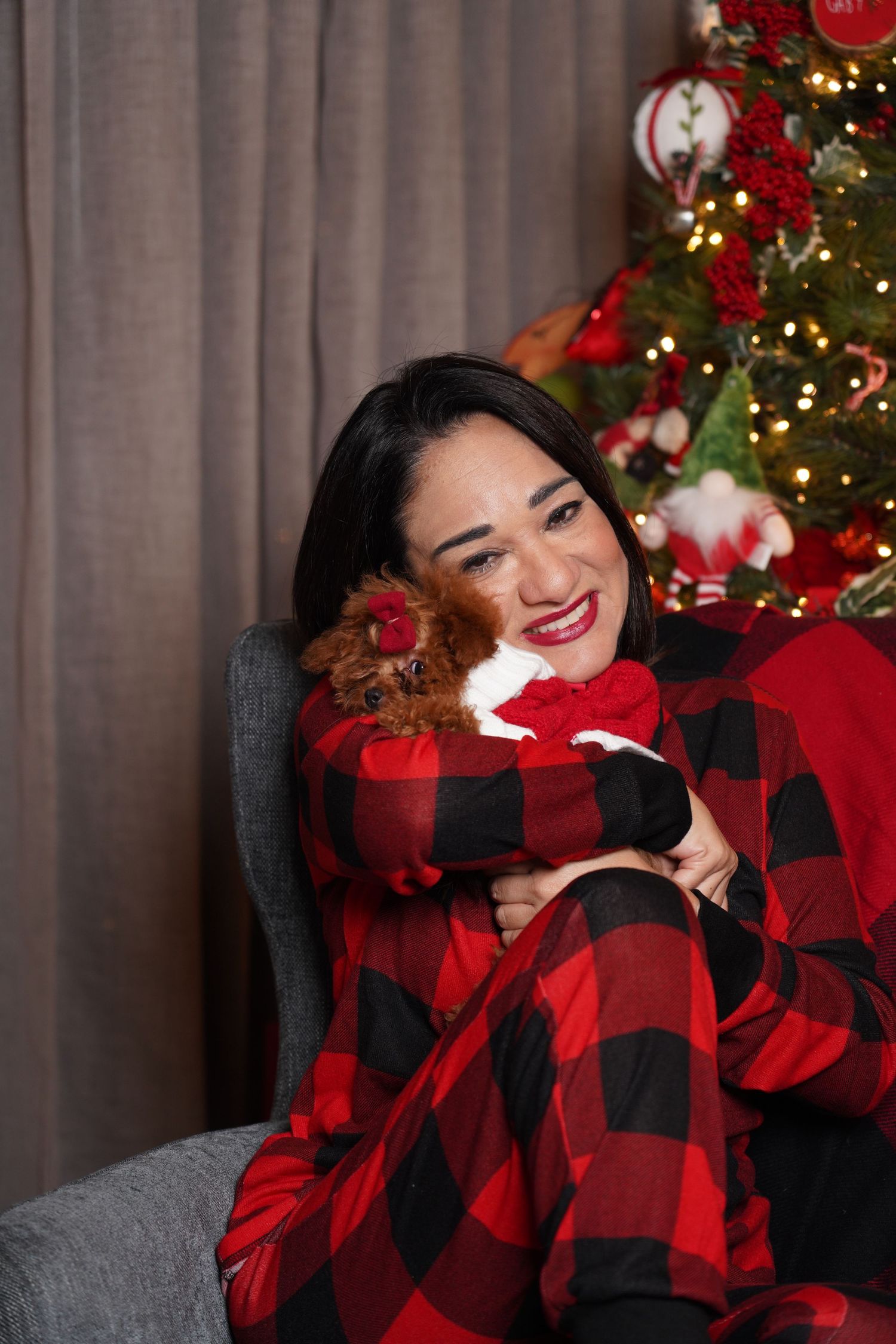 Fotografía profesional , set navideño. fotografía familiar con mascotas