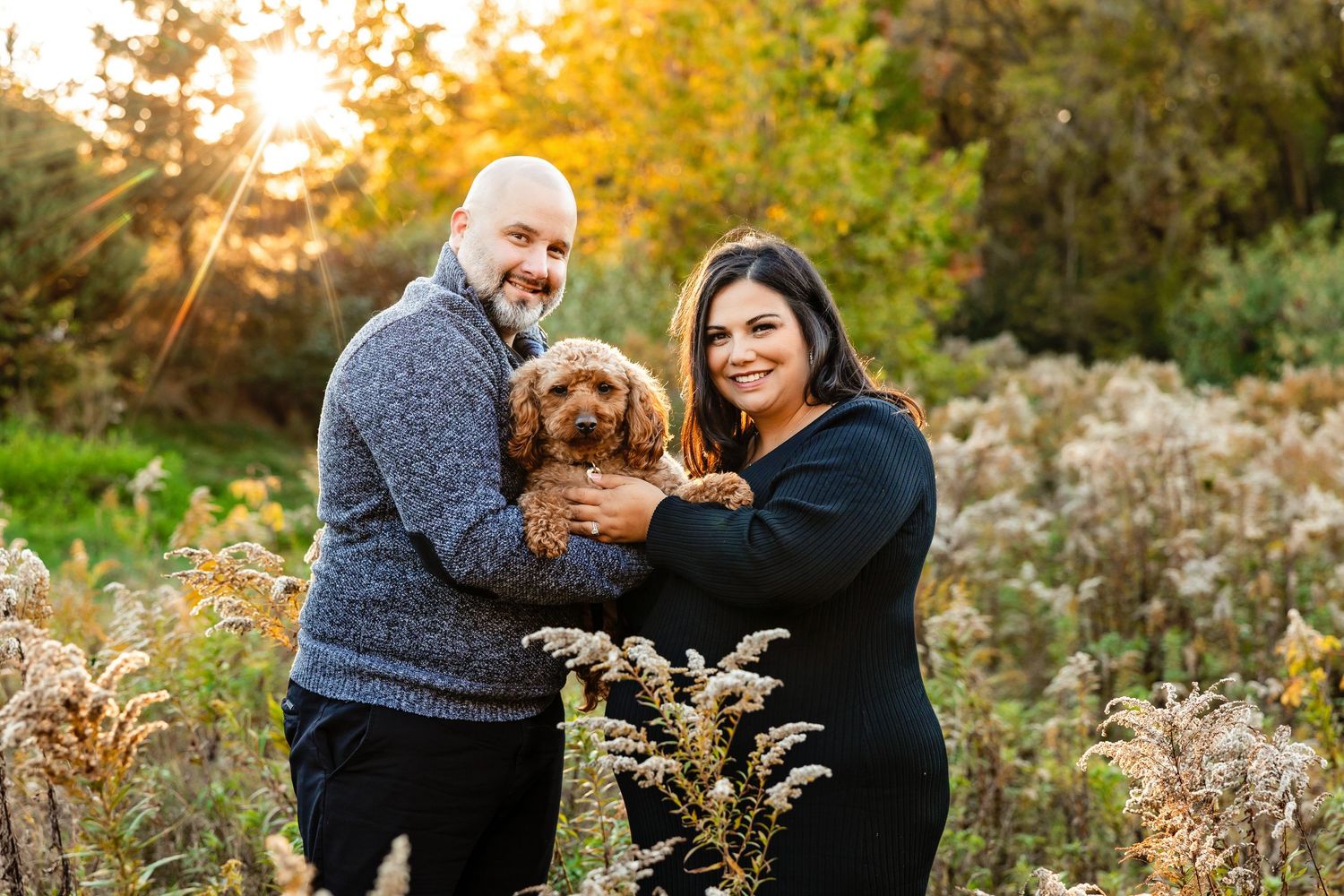 Autumn maternity photoshoot with couple and dog among tall grass and golden light.