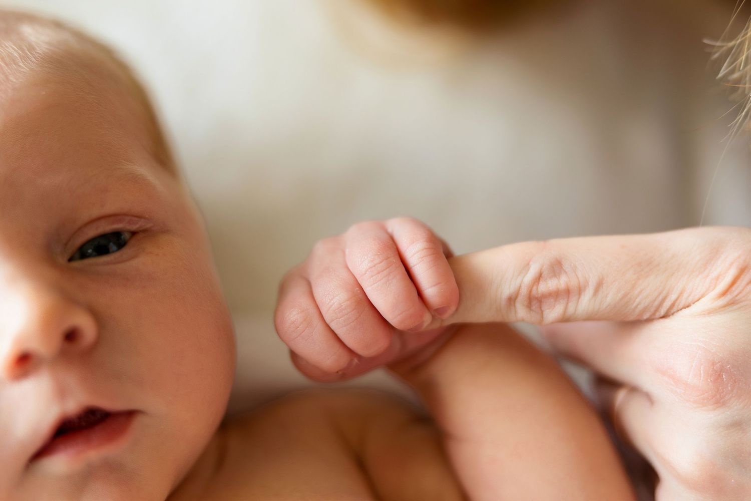 A tiny baby hand grasps an adult's finger in a gentle, intimate moment captured in soft focus.