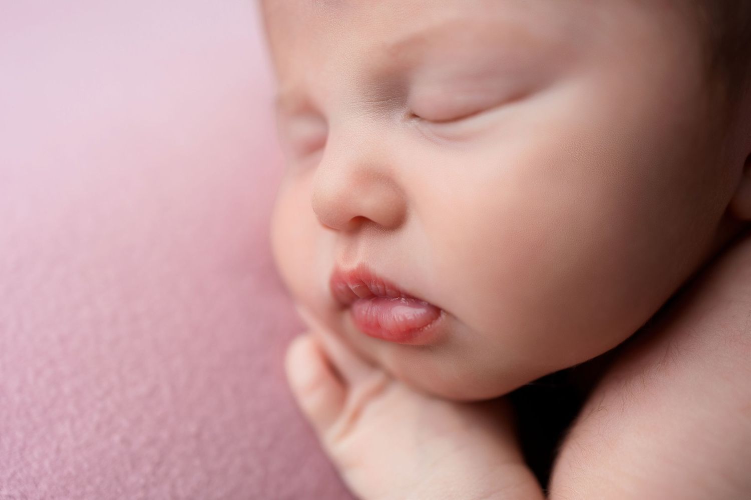 A close-up profile of peaceful sleeping features against a pink backdrop.
