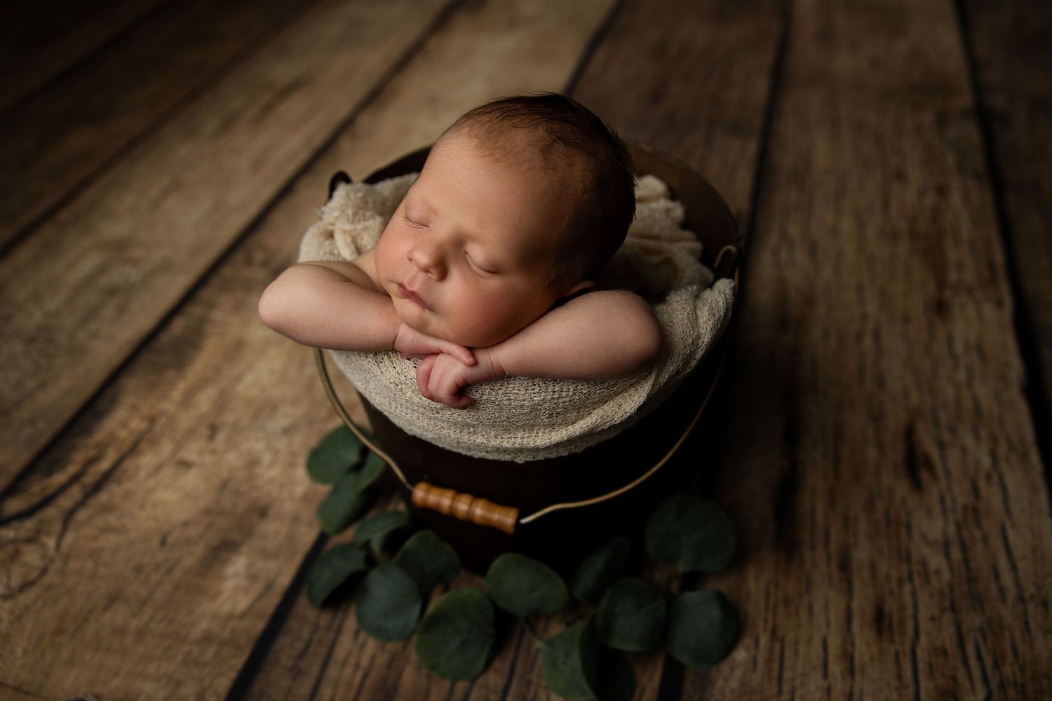 Newborn baby sleeping peacefully on rustic wooden backdrop with natural decorative accents.