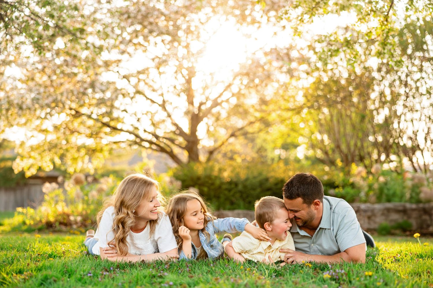 Family lying together on grass during golden hour outdoor photo session.