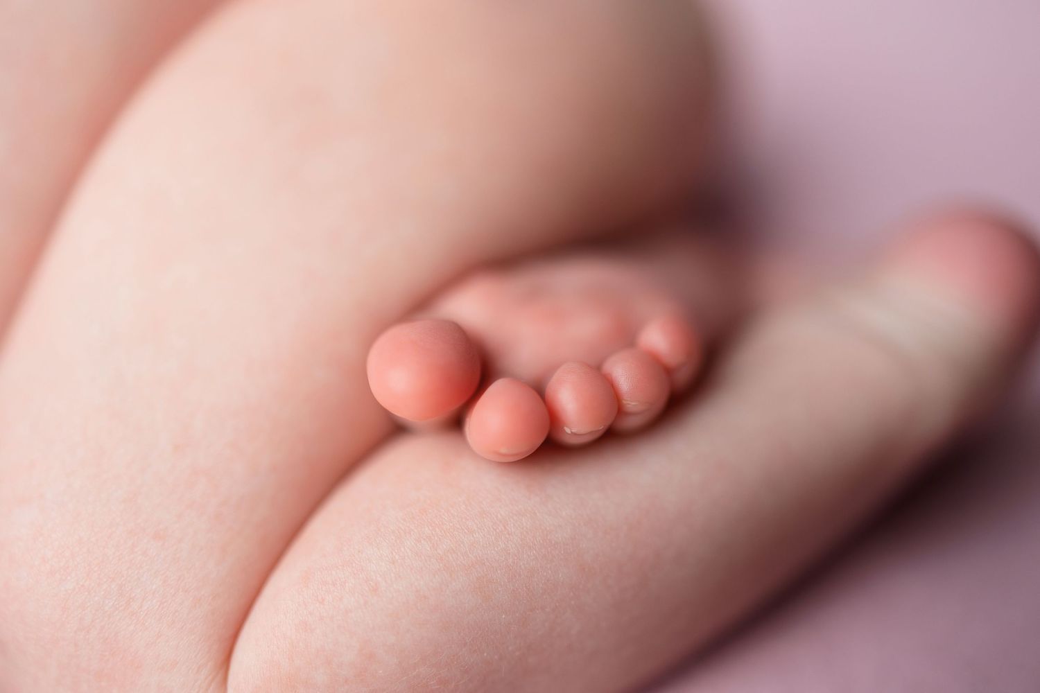Close-up of tiny newborn baby feet on soft pink background.