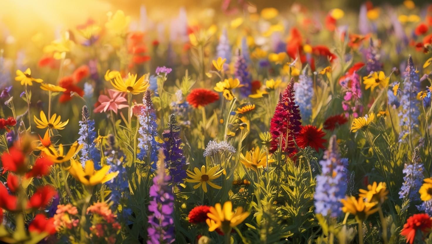 Vibrant wildflowers including red poppies, yellow daisies, and purple lupines bloom in a meadow at sunset.