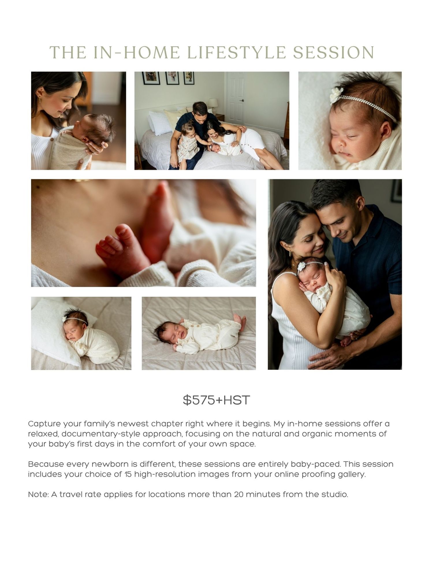 A lifestyle photography session collage showing intimate family moments and newborn details in soft natural light at home.