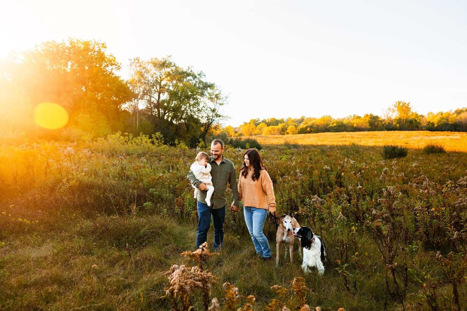 Family walking together in a golden sunlit field during sunset.