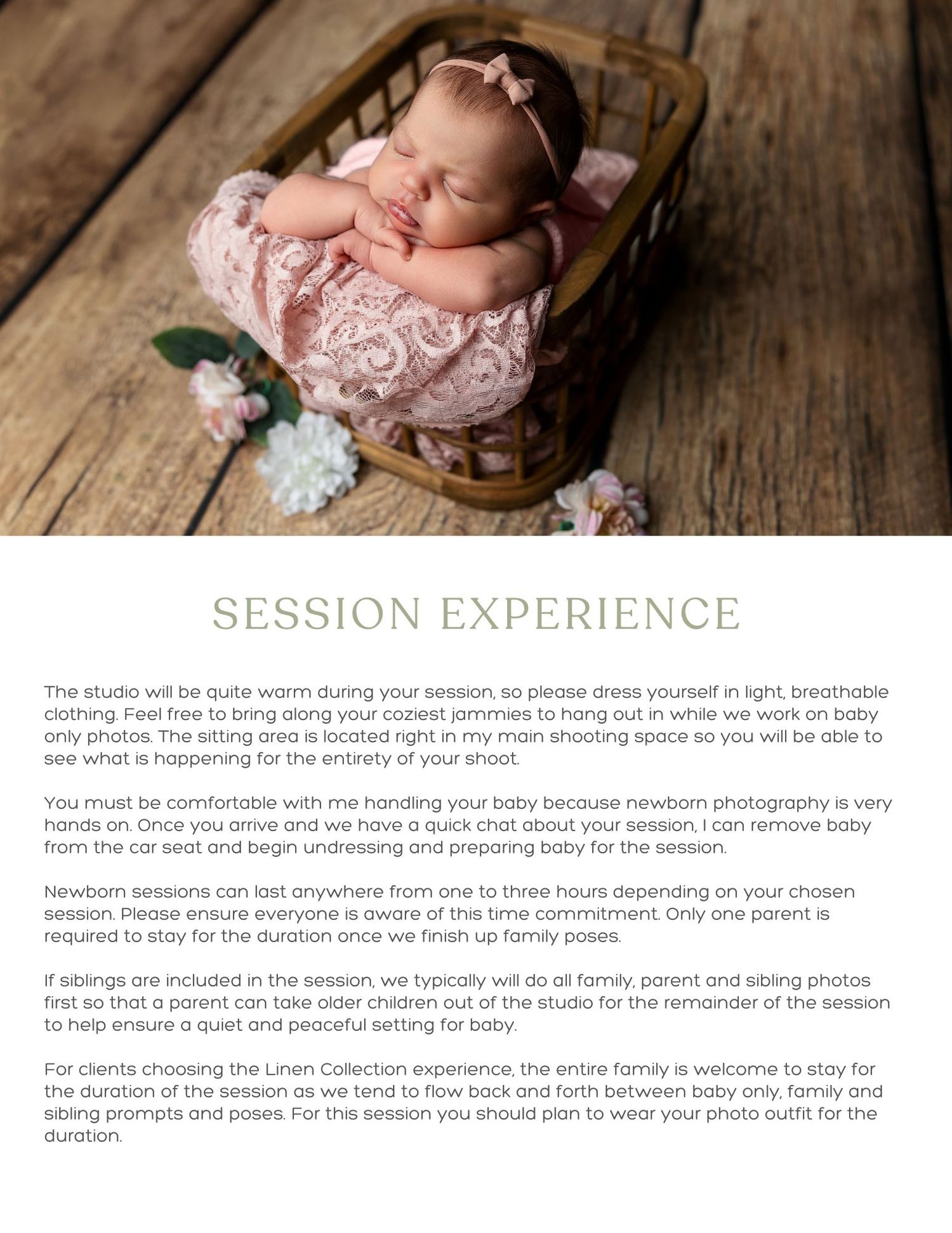 A collection of newborn photography session images showing sleeping babies on wooden surfaces with soft lighting and props.
