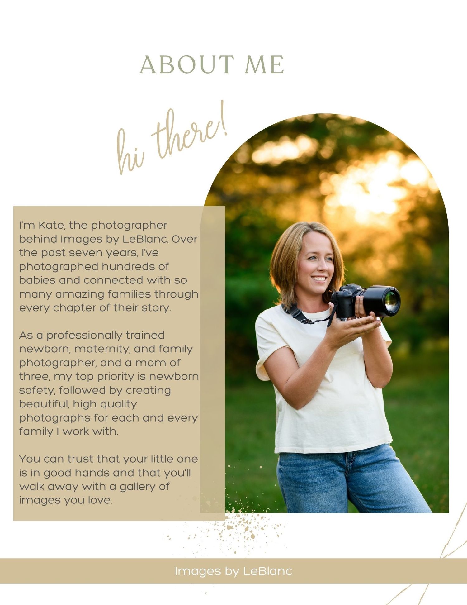 Professional photographer holding a camera outdoors during golden hour sunset with text overlay about services.