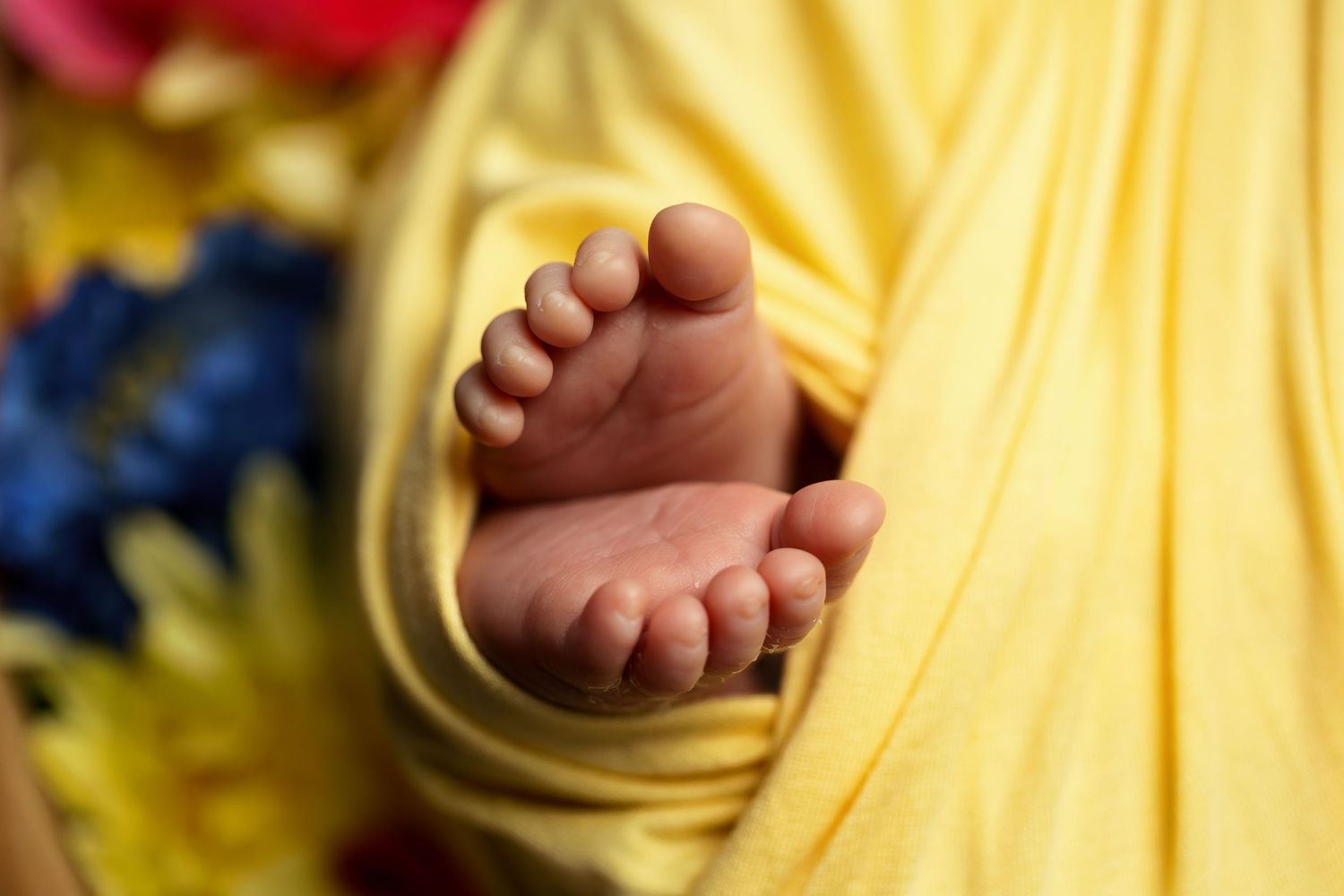 Close-up of tiny baby feet wrapped in soft yellow fabric.