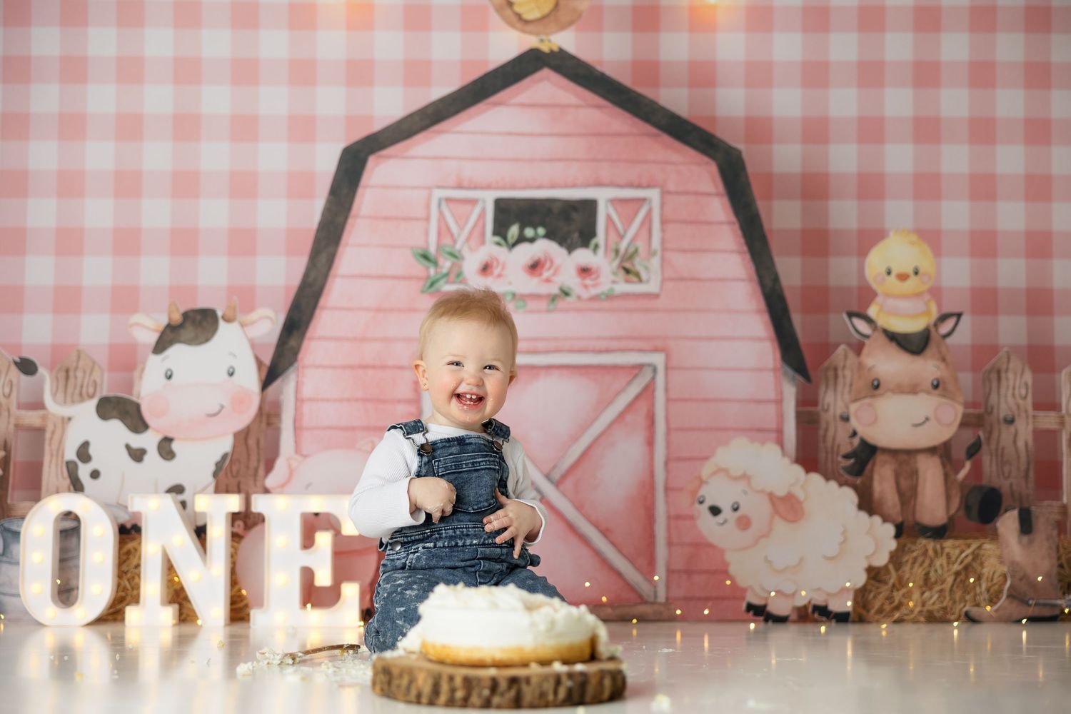 Farm themed birthday setup with pink gingham backdrop and cute barn animals.