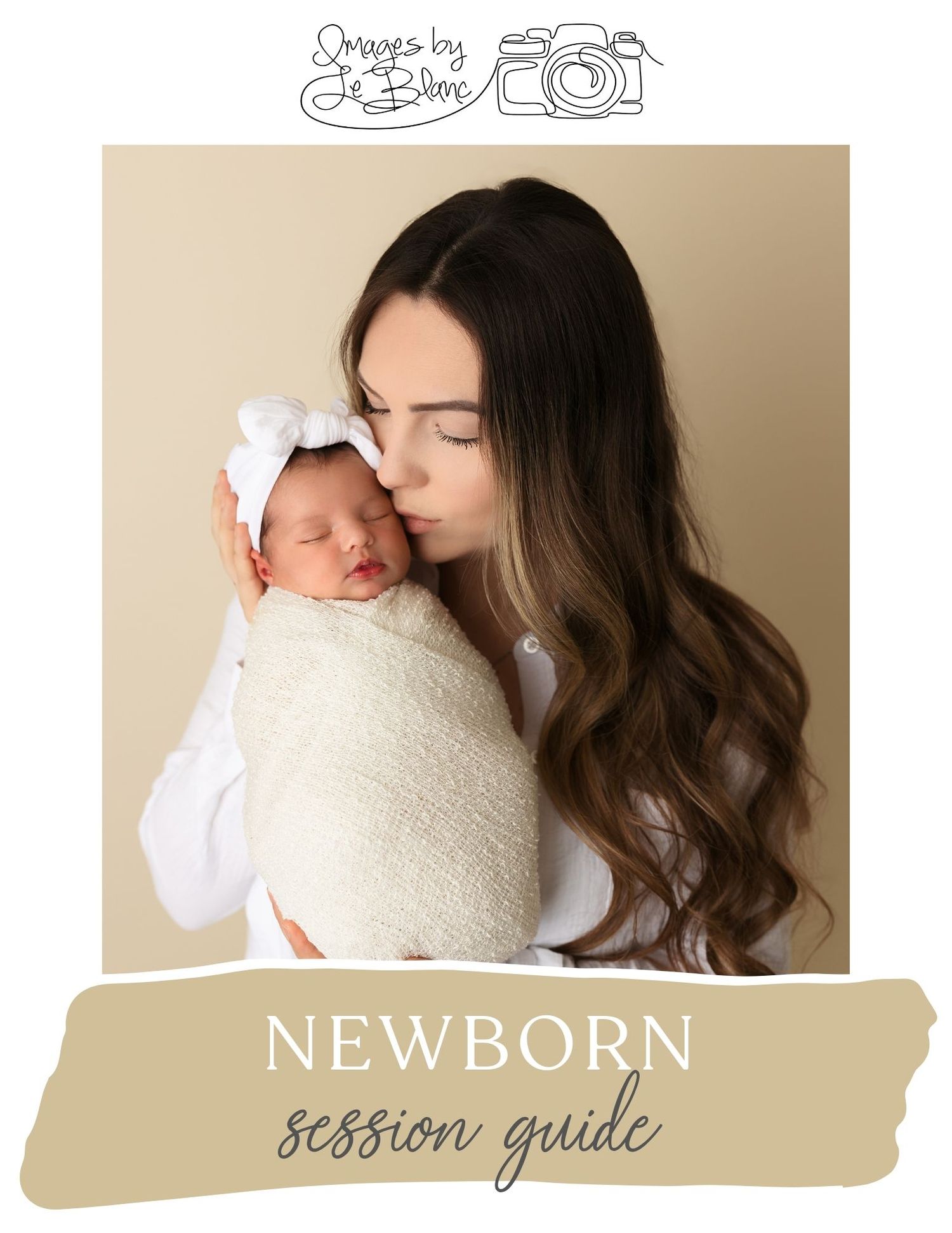 A tender moment captured between a mother and swaddled newborn baby against a neutral beige background.