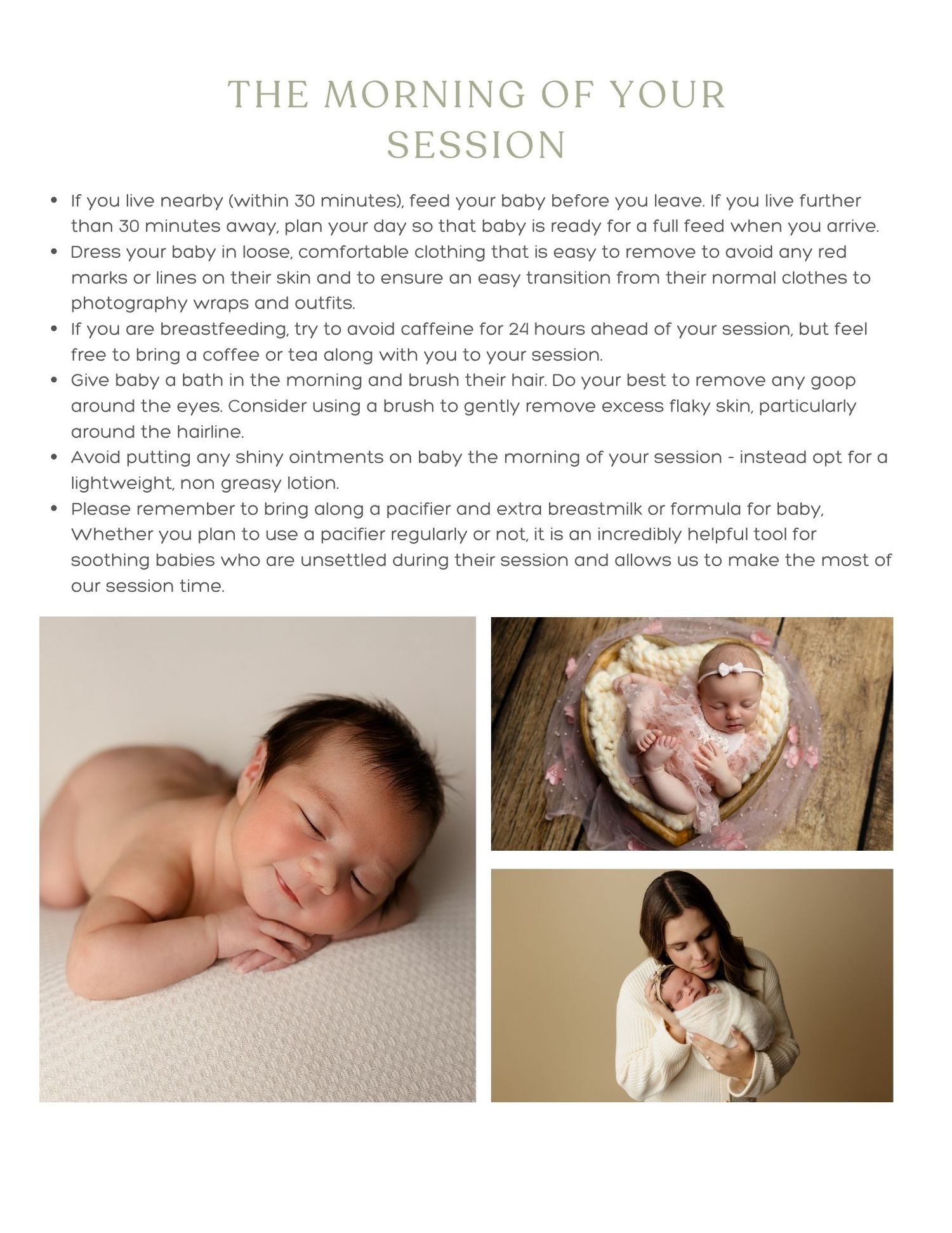 Soft and dreamy newborn photography session instructions with tips for morning preparations and feeding schedules.