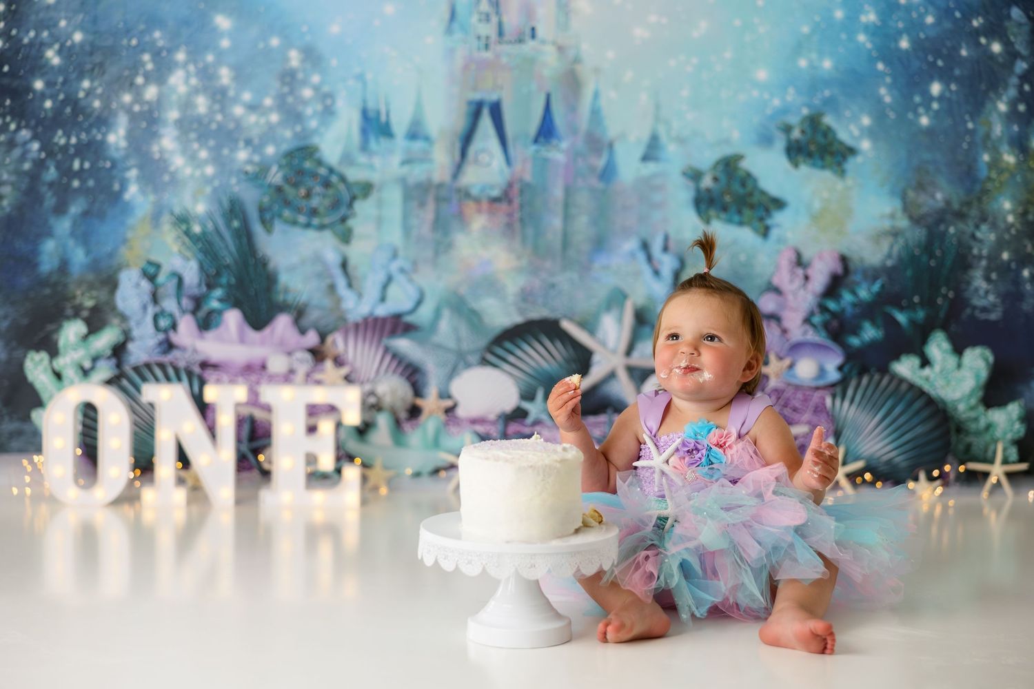 Magical Disney castle themed cake smash photo setup with blue sparkly background.