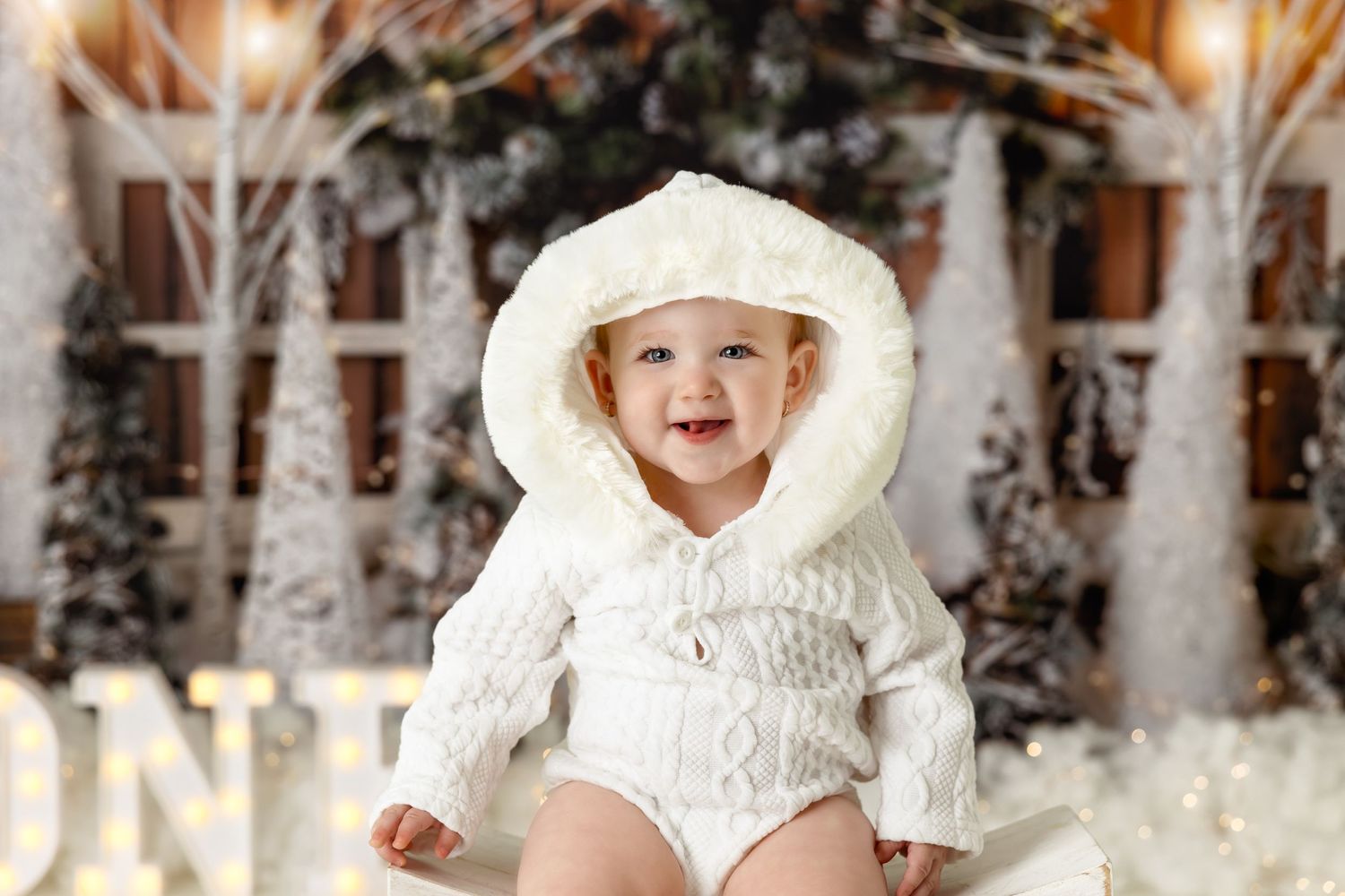Baby wearing white hooded sweater smiles against winter forest scene with ONE sign.