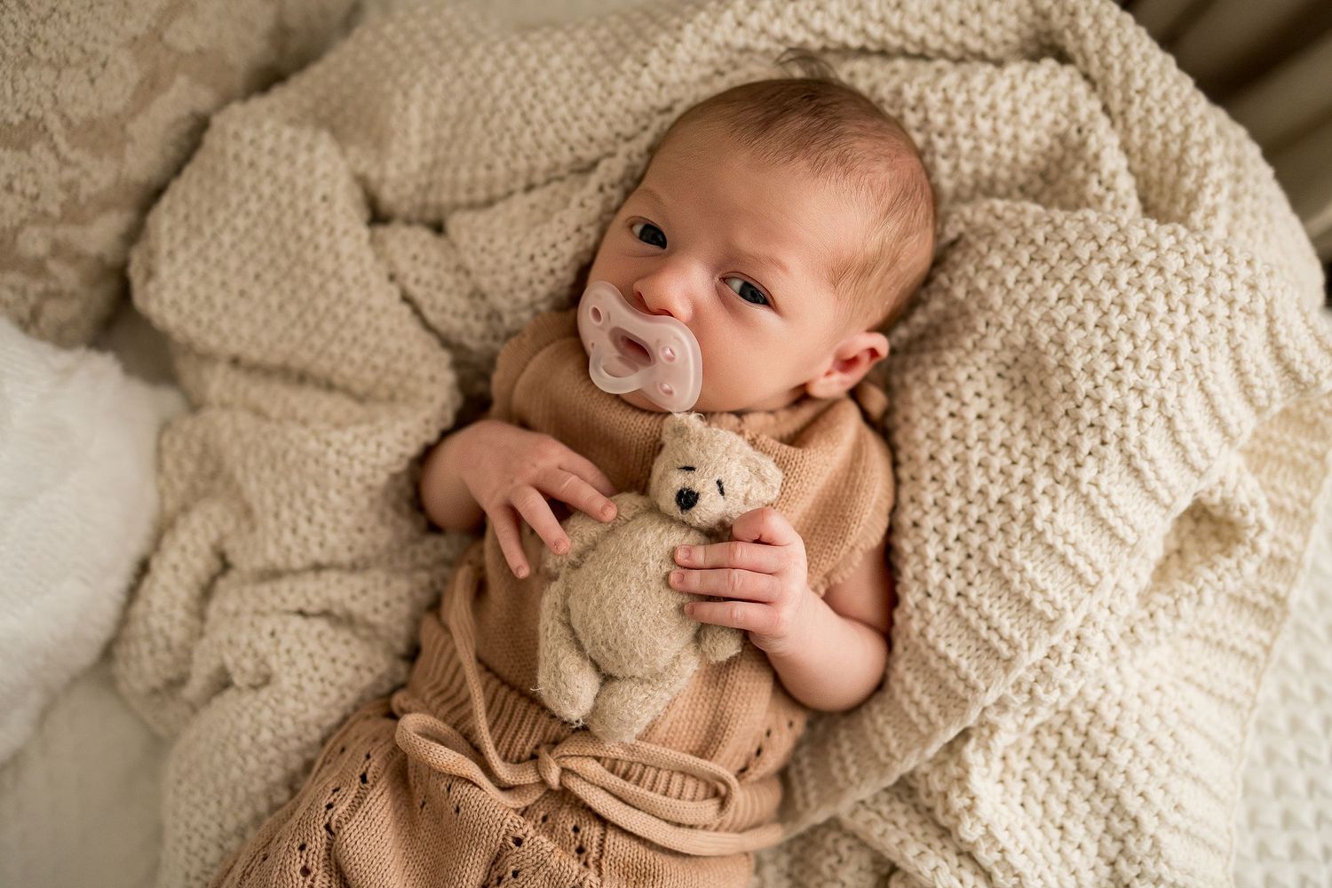 Newborn baby wrapped in cozy cream knit blanket during professional photo session.