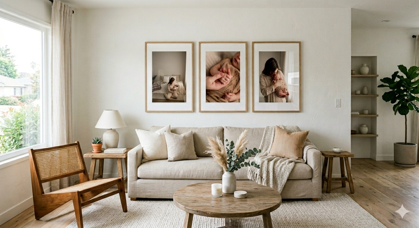 A modern living room features neutral decor with framed wall art, a beige sofa, wooden furniture and natural light.