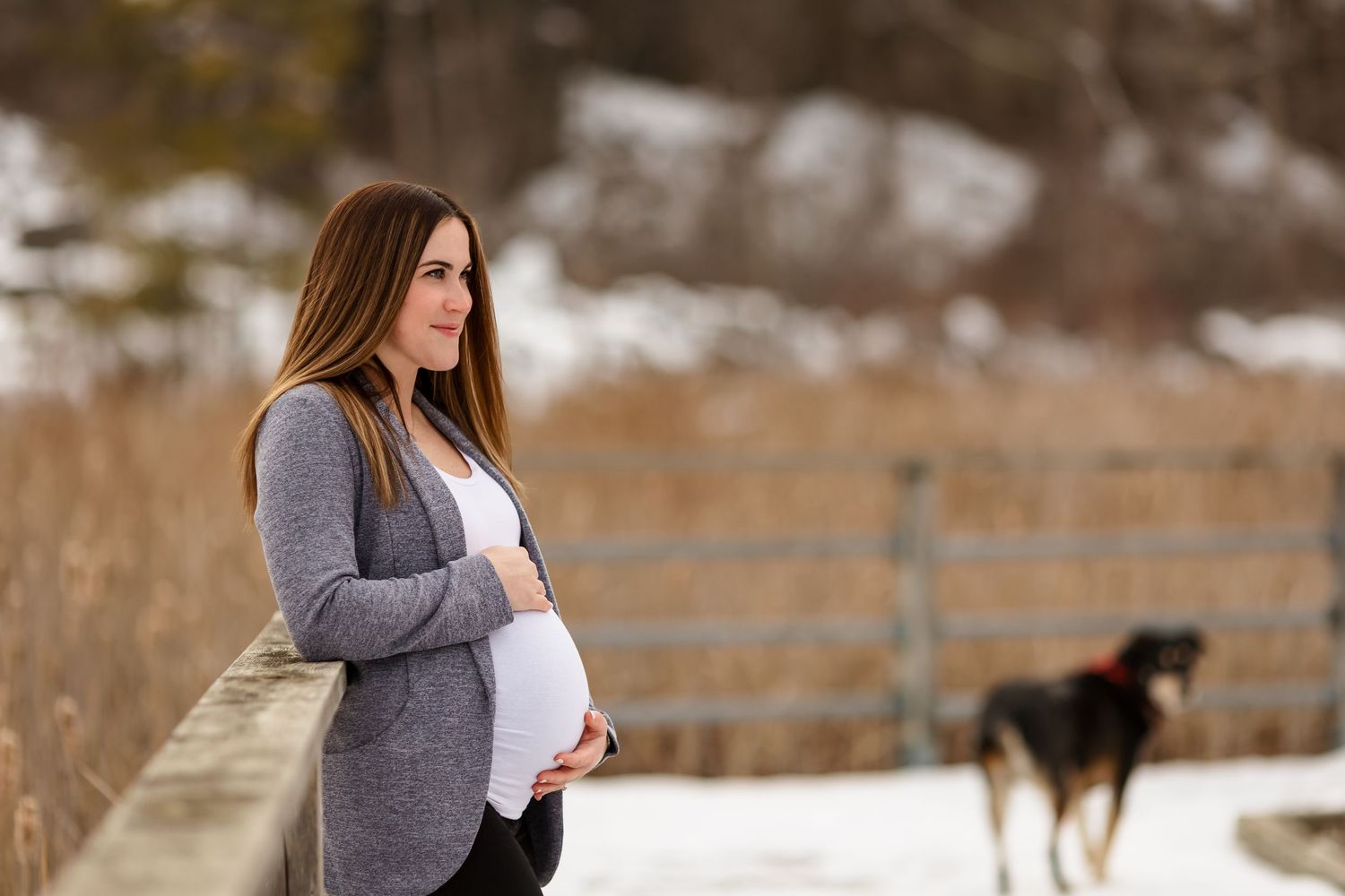 Woman in grey cardigan cradling baby bump while standing near wooden fence with dog in background.