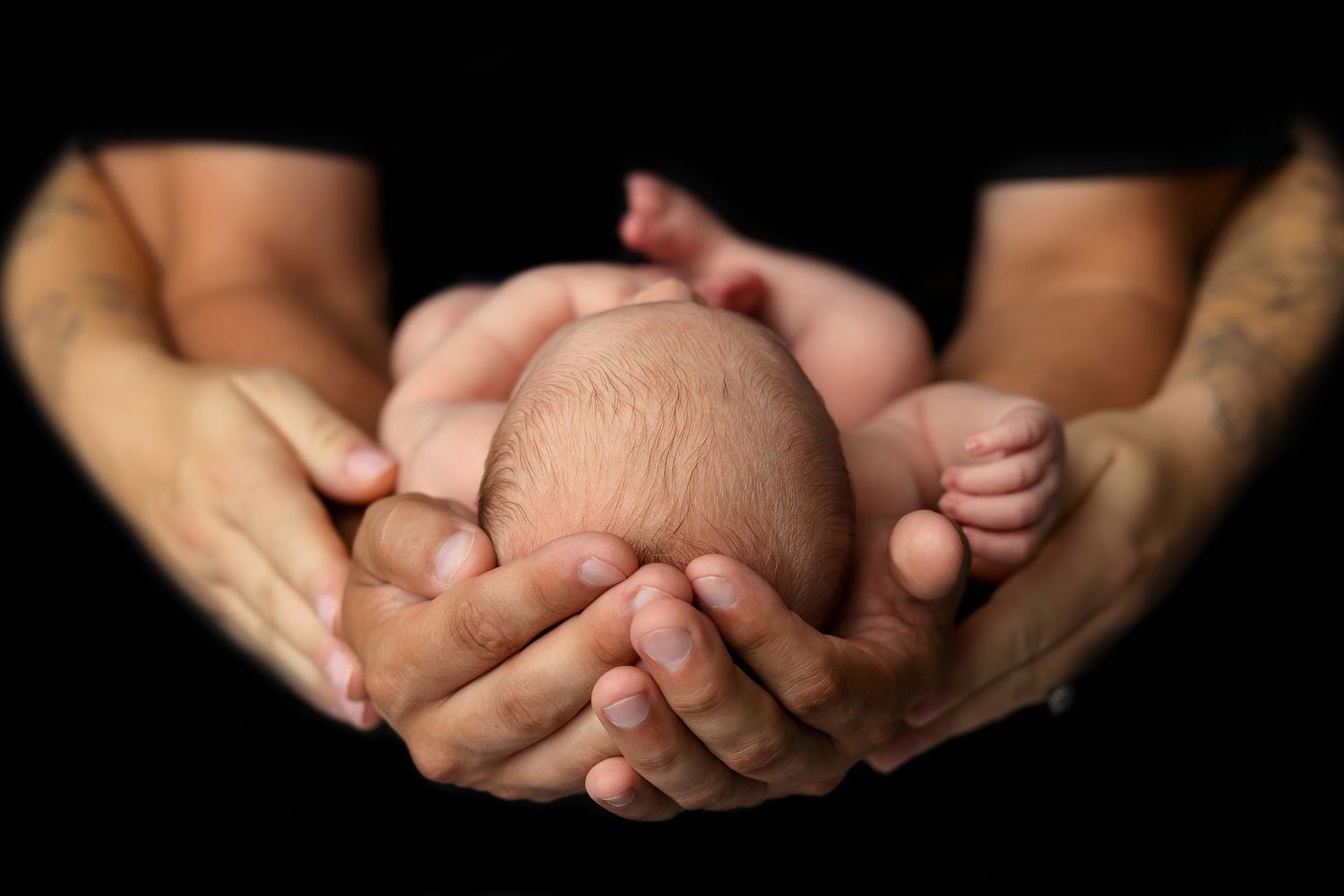 Cupped hands gently hold and protect a tiny newborn baby's feet against a dark background.