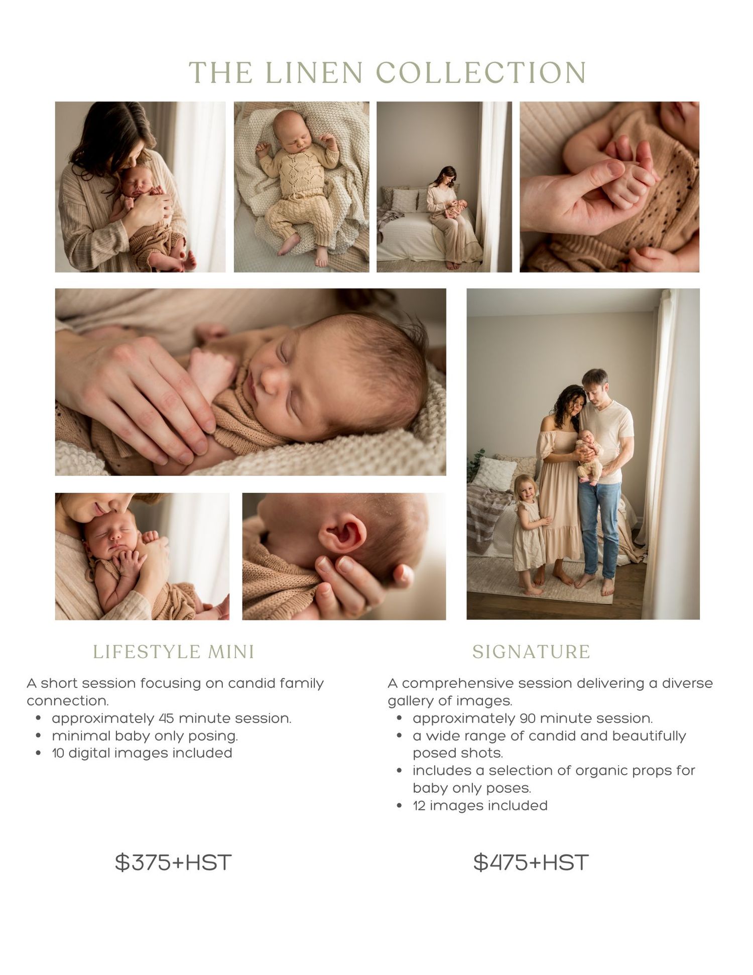Newborn photography collection featuring lifestyle mini and signature sessions with candid family and baby poses in warm neutral tones.