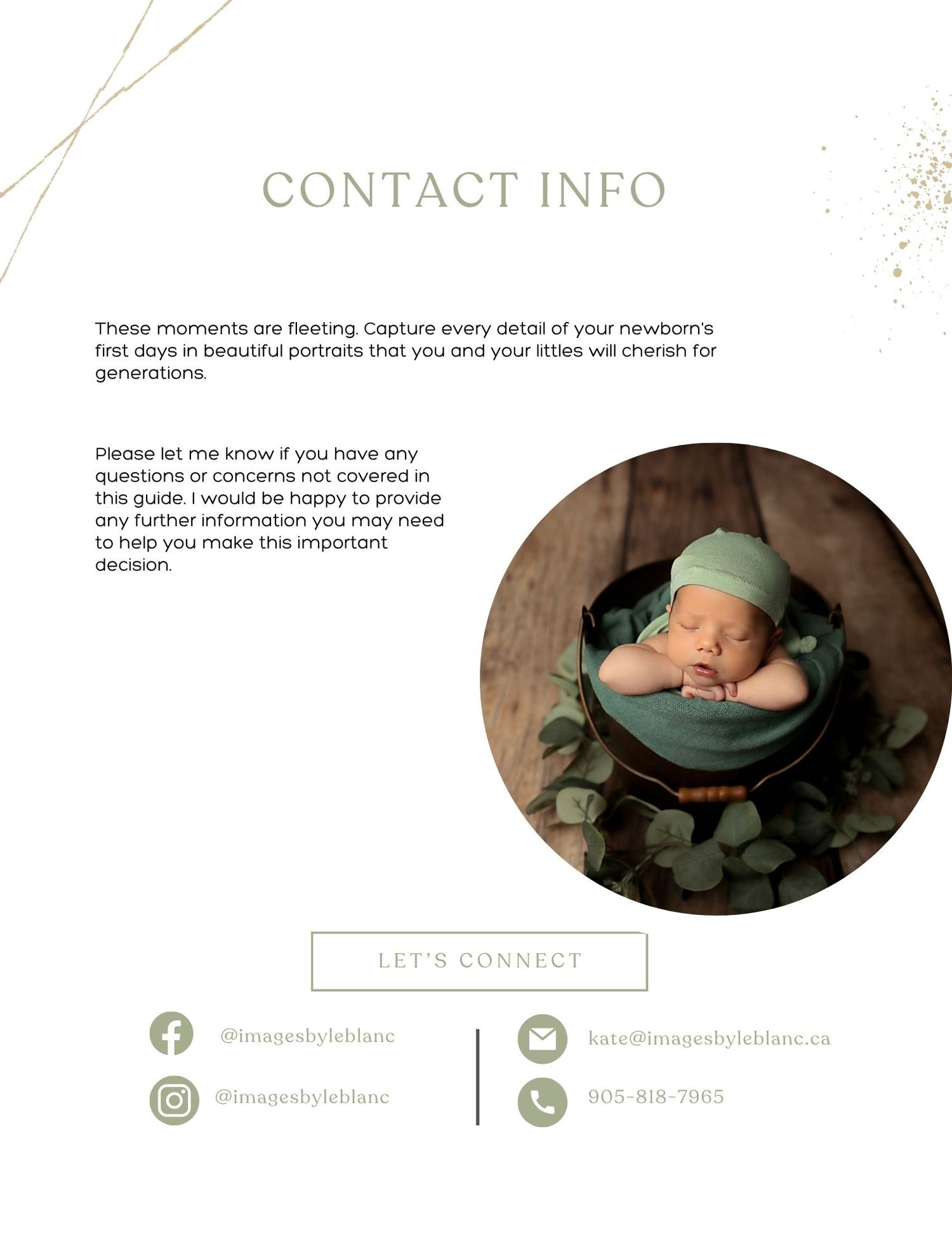 Contact information page with social media icons and a circular photo of a sleeping newborn in mint green wrapping.