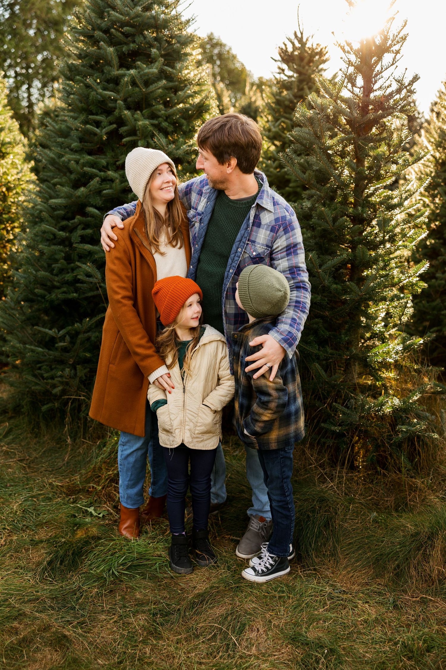 A heartwarming moment at a Christmas tree farm with people in winter clothing standing between evergreen trees at sunset.