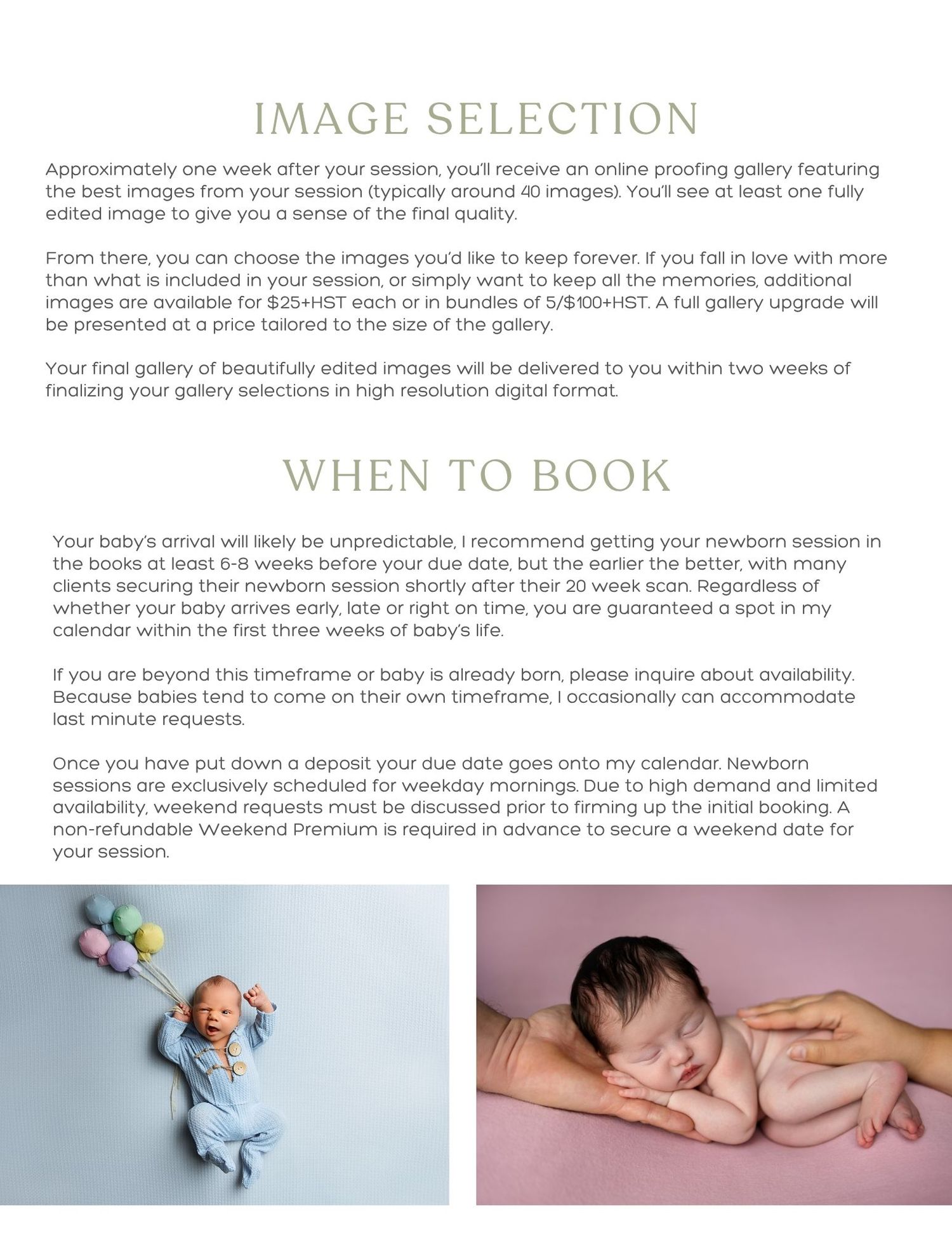 A professional photography guide page showing text about image selection and booking with two baby photos.