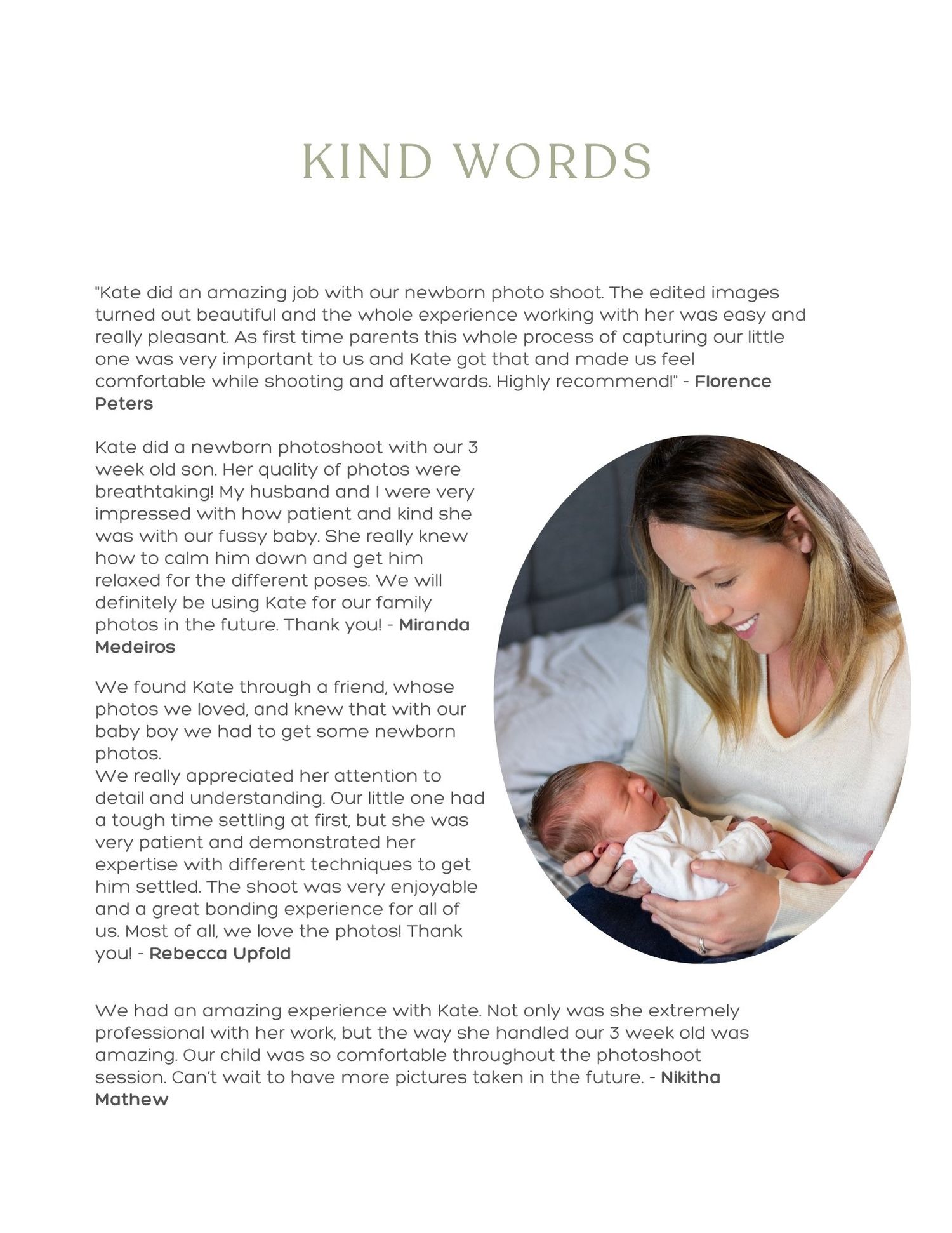 A magazine spread featuring text about kind words and a circular photo of a person holding a baby on the right side.