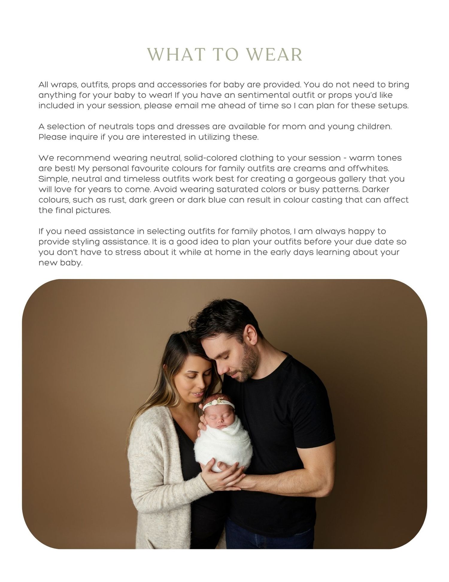 Professional photography website section showing tips on what to wear for a photo session with muted neutral tones.