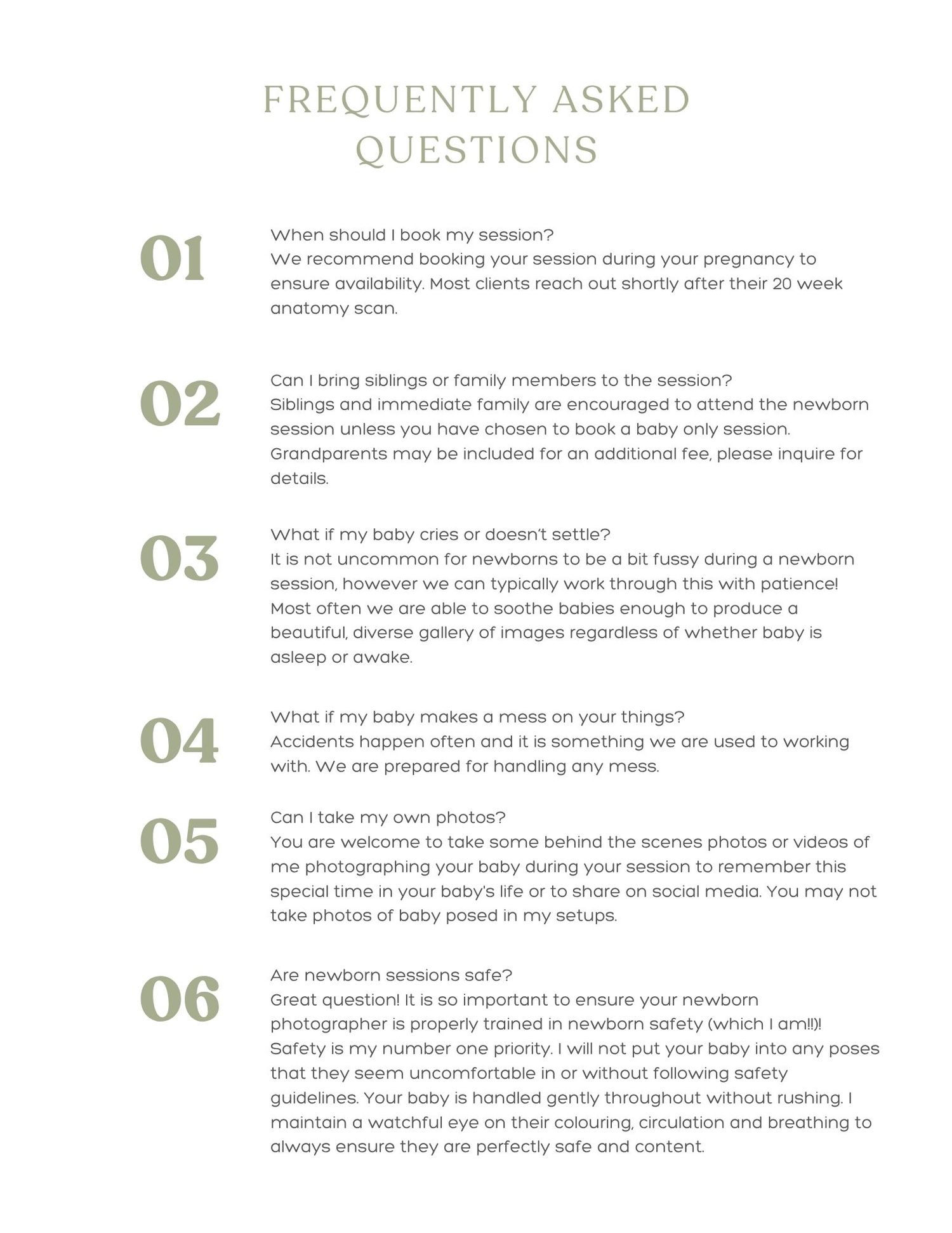 A clean and minimalist FAQ section layout with numbered questions from 01 to 06 in light green and gray design.