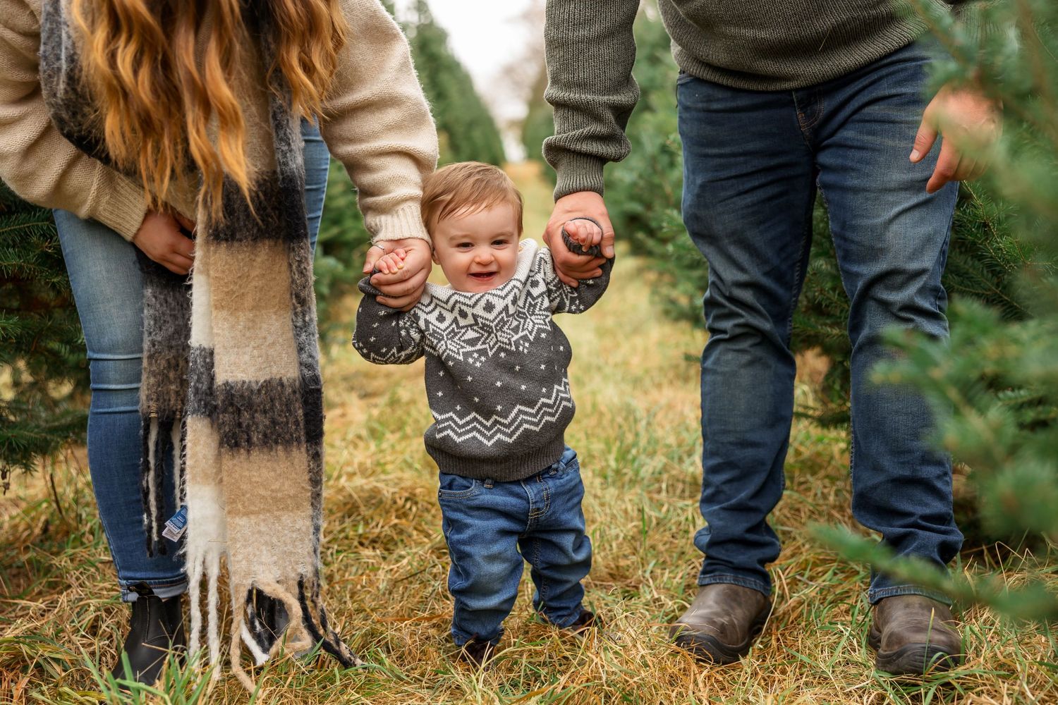 Small child taking first steps while holding parents' hands between Christmas trees.