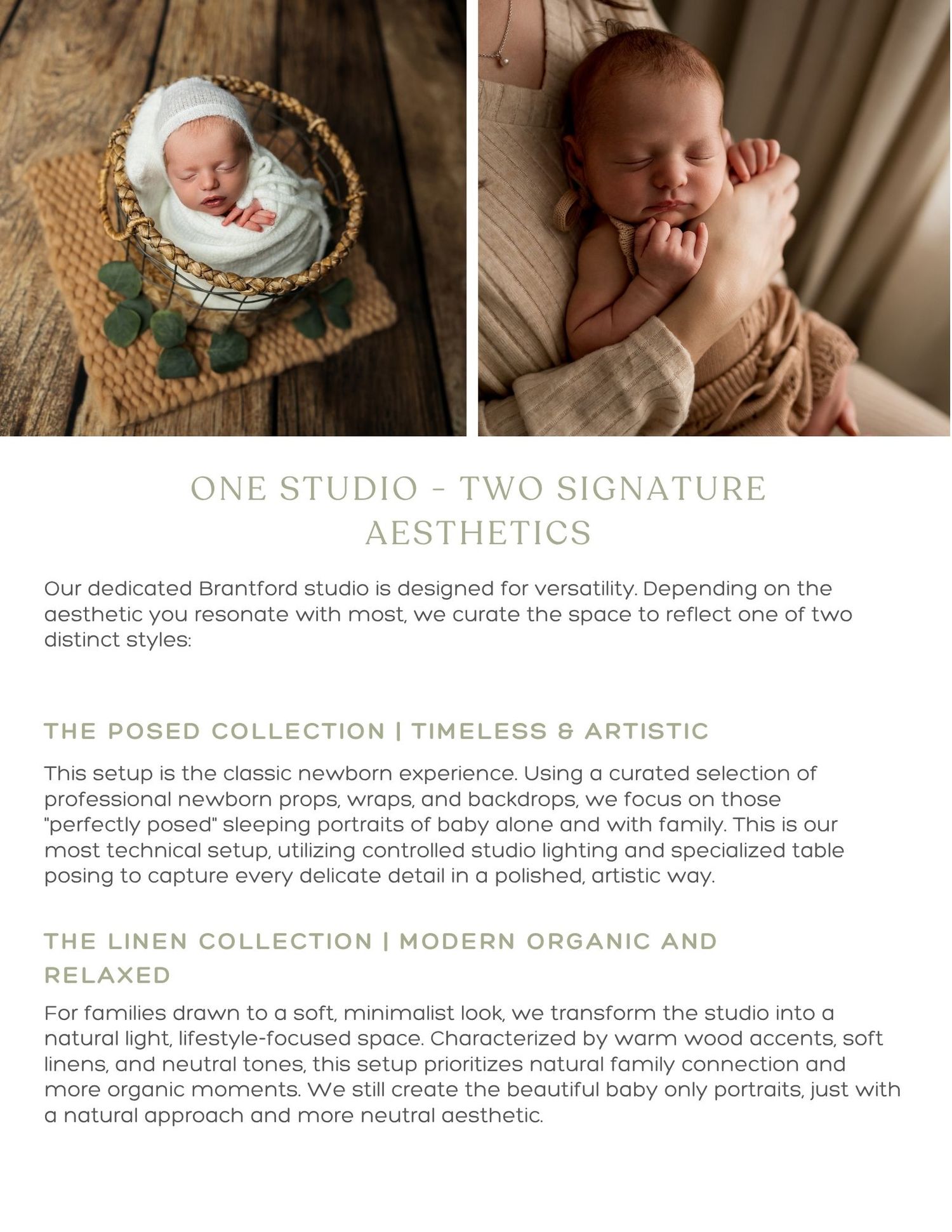 A newborn baby sleeps peacefully in a woven basket next to another image showing a sleeping infant in soft beige tones.
