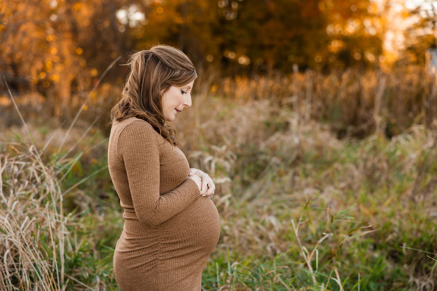 Expectant mother in brown dress poses in autumn field during sunset maternity session.