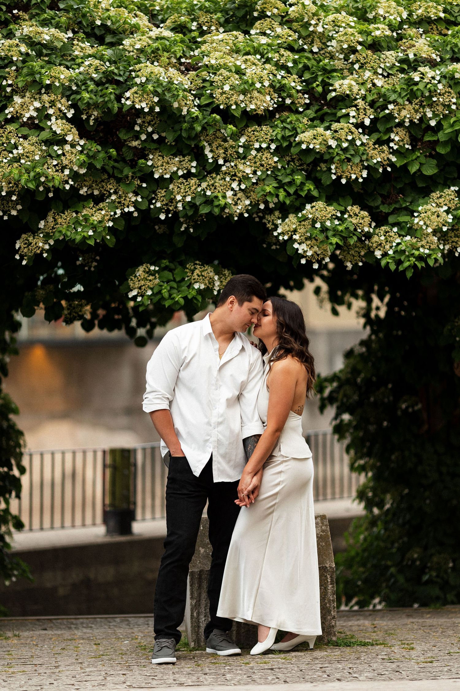 Couple sharing a romantic kiss under a blooming tree in a cobblestone courtyard, dressed in white and black outfits.