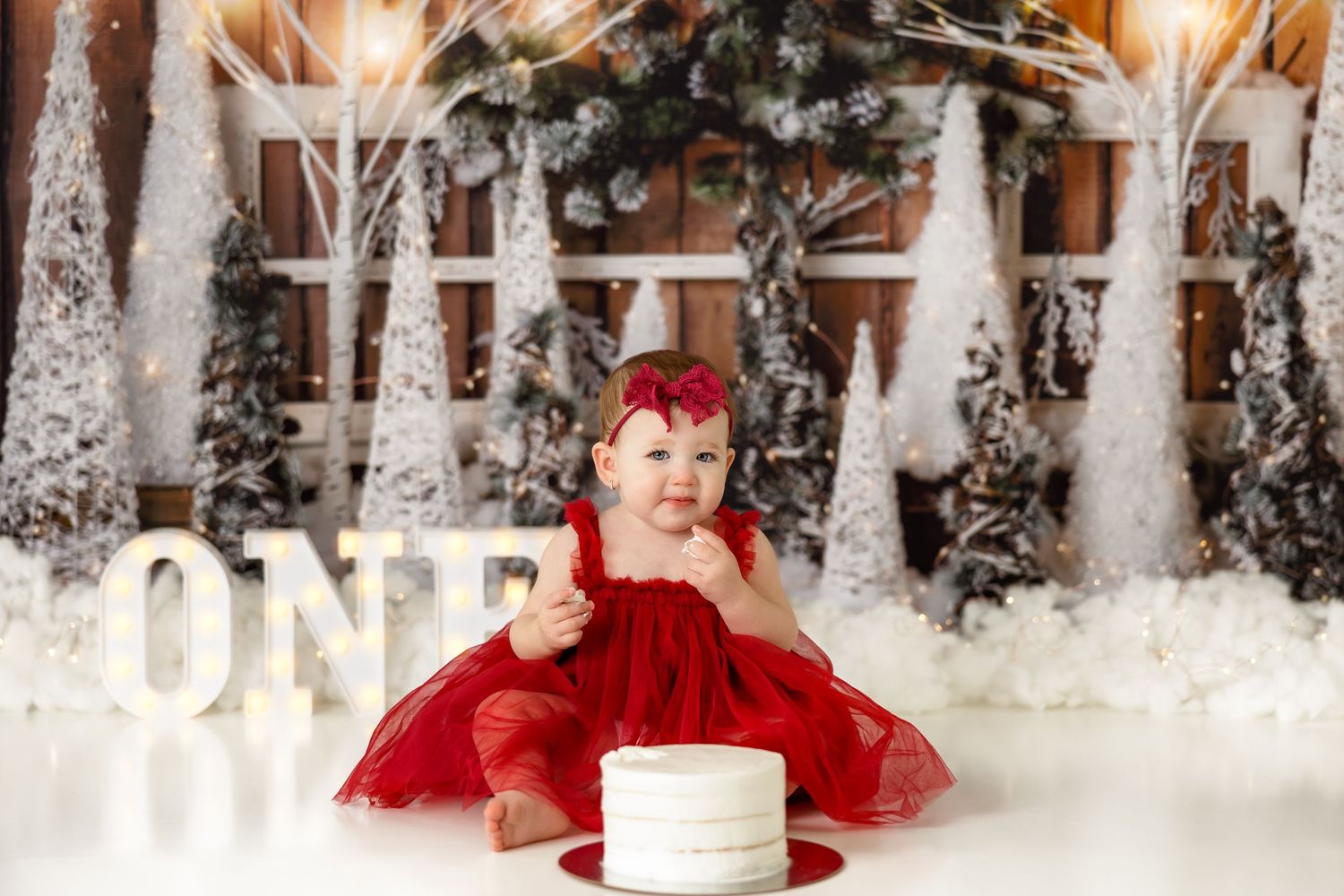 Baby in red dress sits near white cake with winter wonderland backdrop and ONE sign.