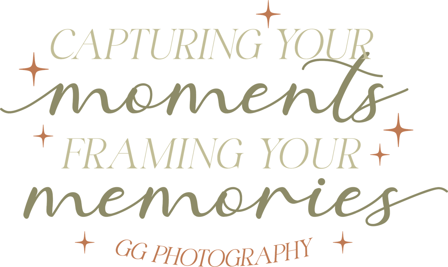 Decorative text design featuring the words 'moments' and 'memories' with sparkle elements in brown and copper tones.